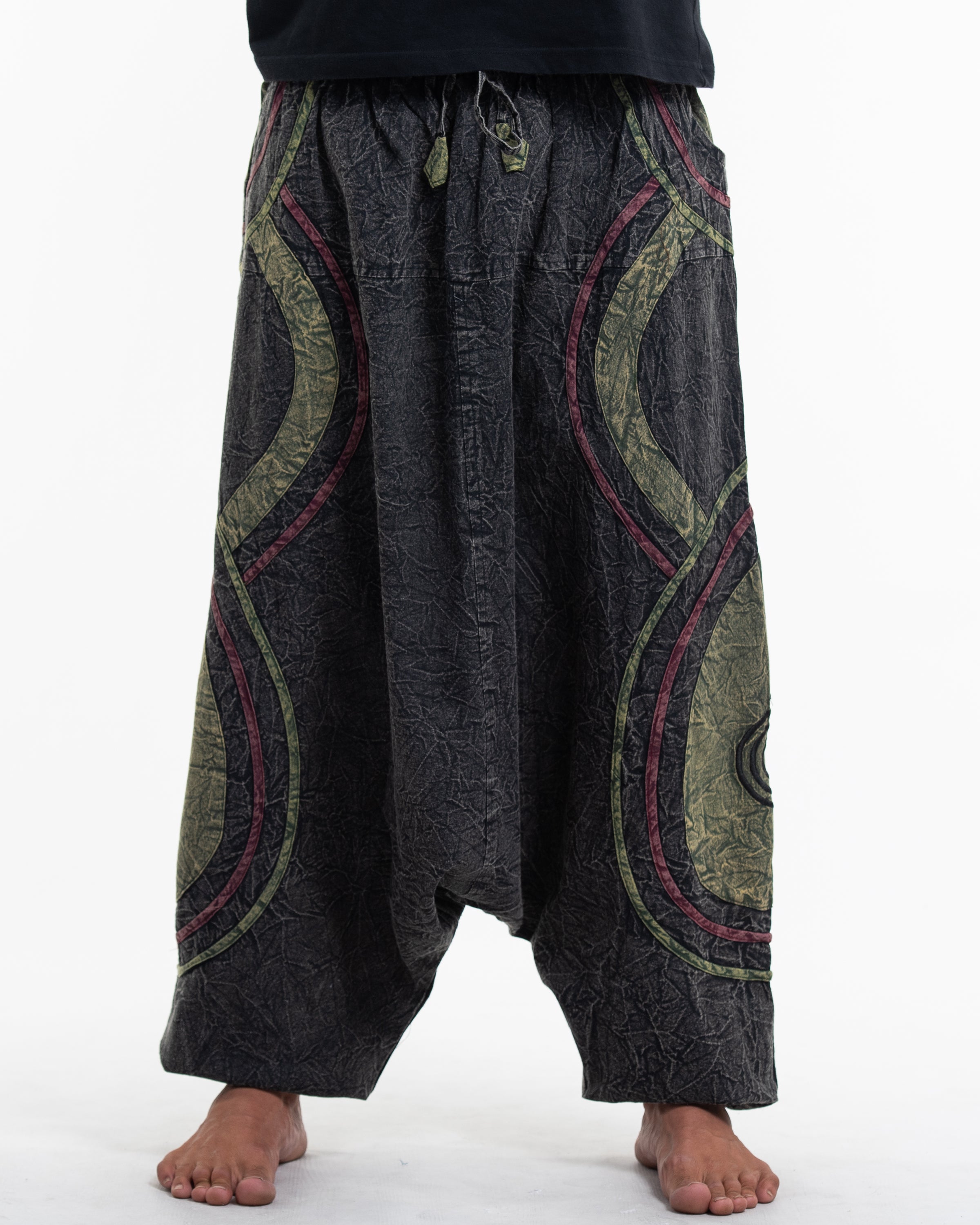 Men's Patchwork Stone Washed Low Cut Cotton Pants in Black 01