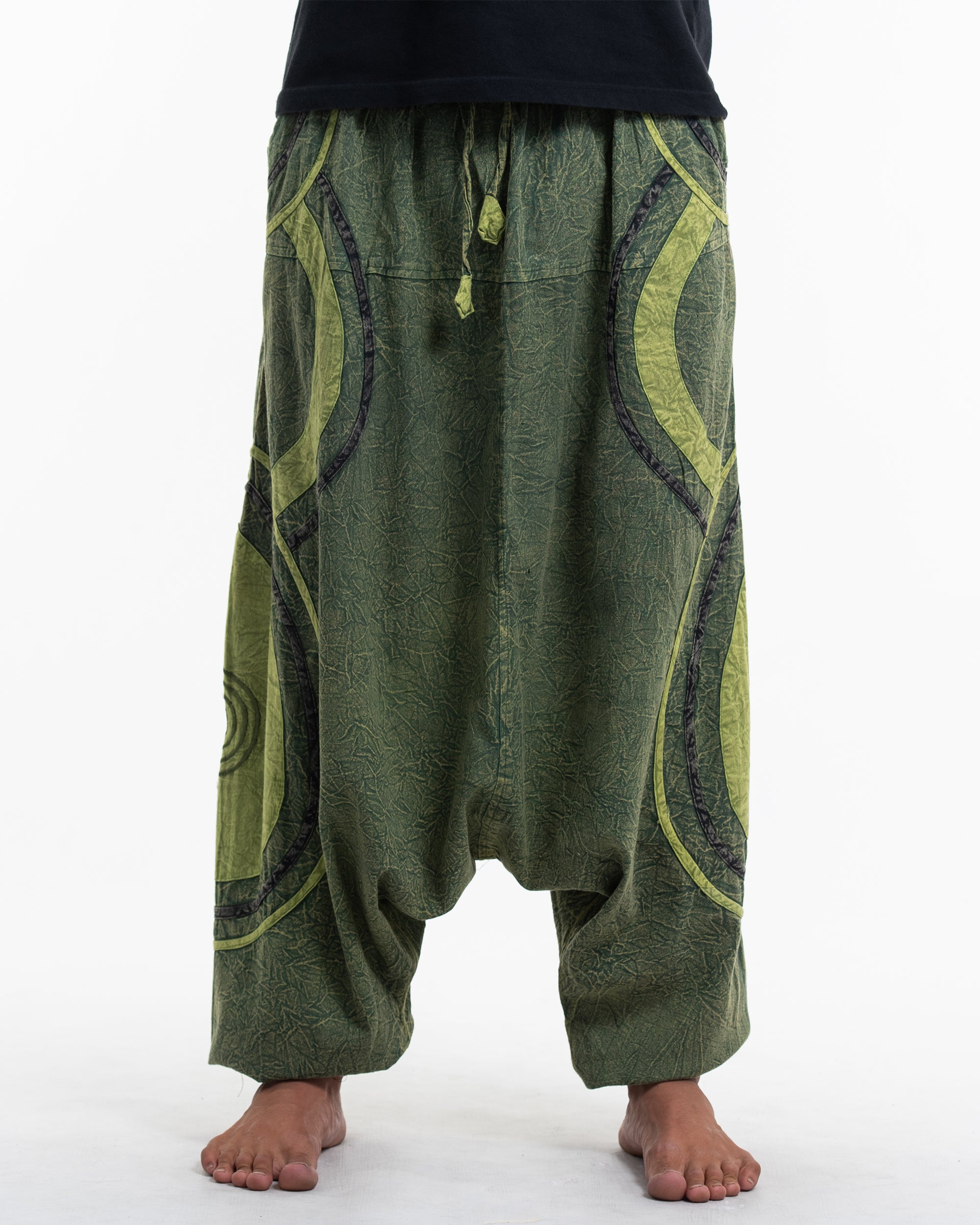 Men's Patchwork Stone Washed Low Cut Cotton Pants in Green 01