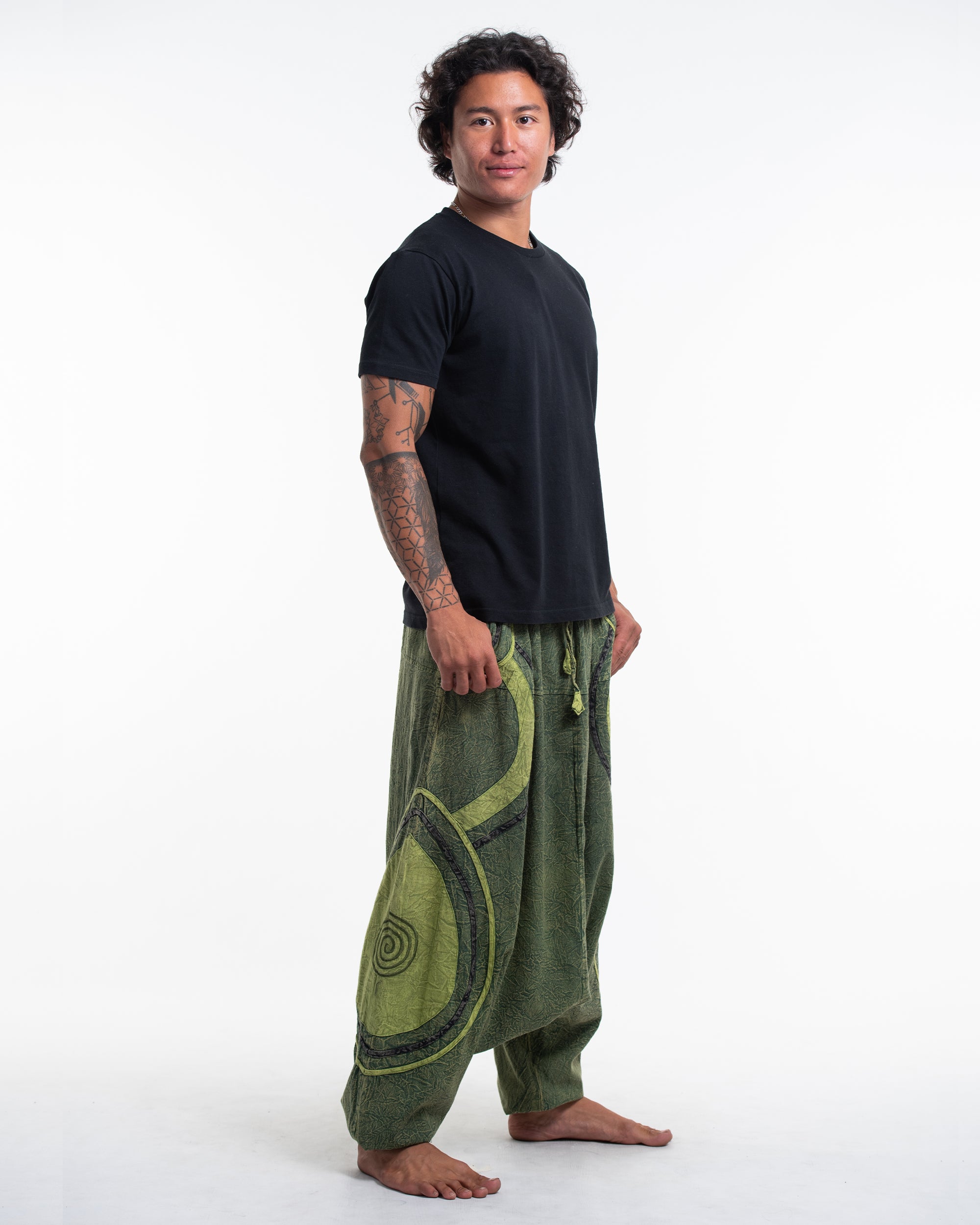Men's Patchwork Stone Washed Low Cut Cotton Pants in Green 01