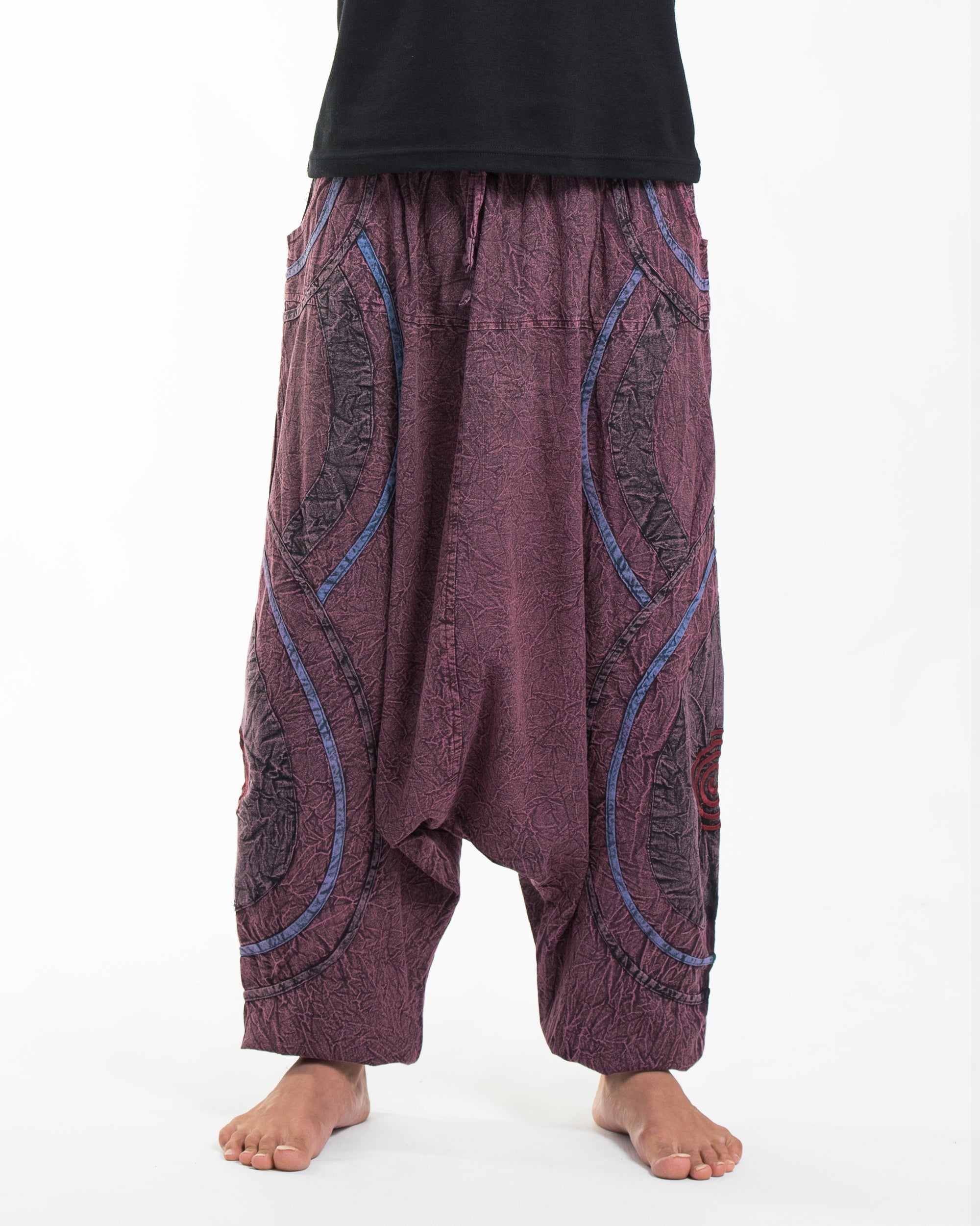 Men's Patchwork Stone Washed Low Cut Cotton Pants in Maroon 01