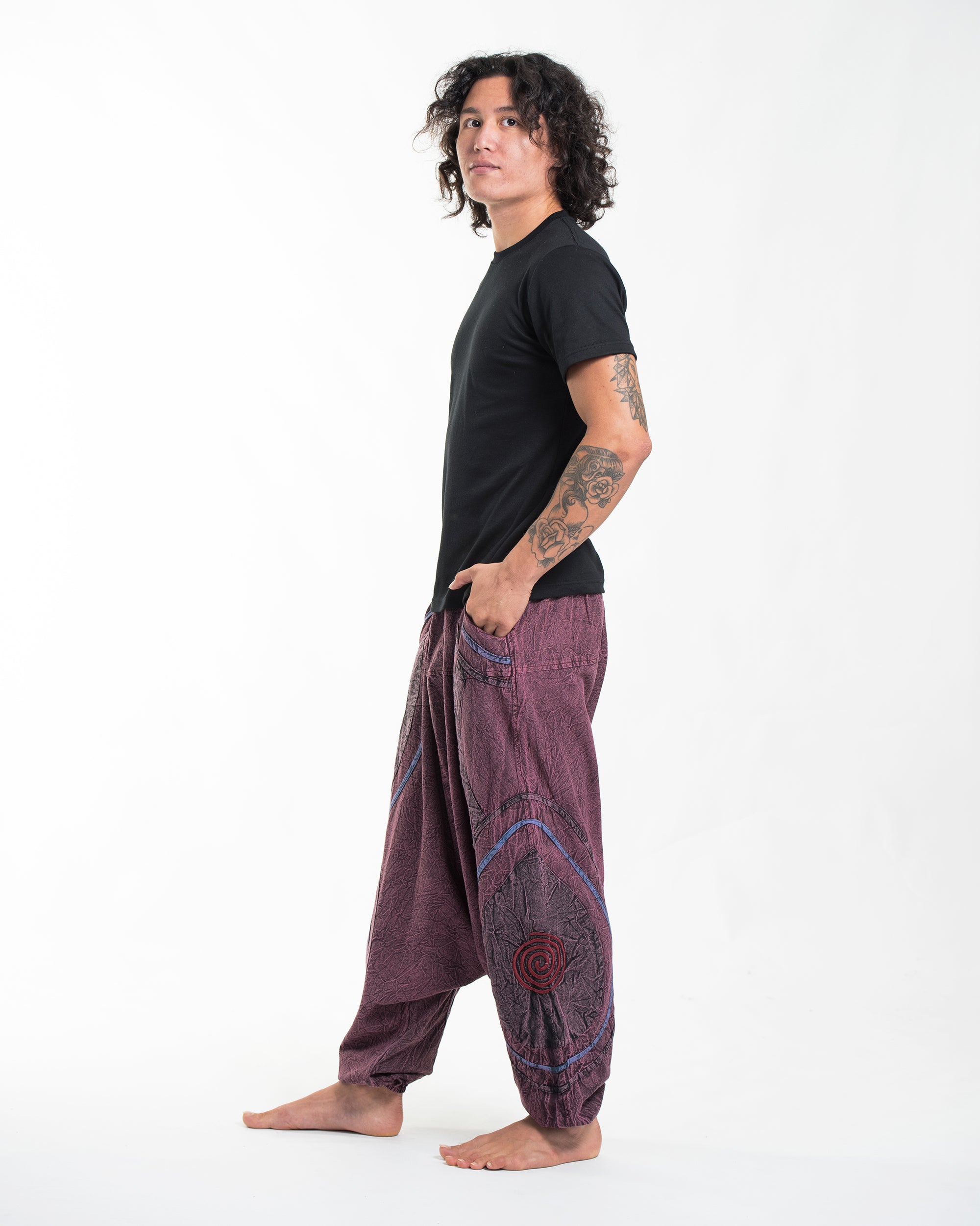 Men's Patchwork Stone Washed Low Cut Cotton Pants in Maroon 01