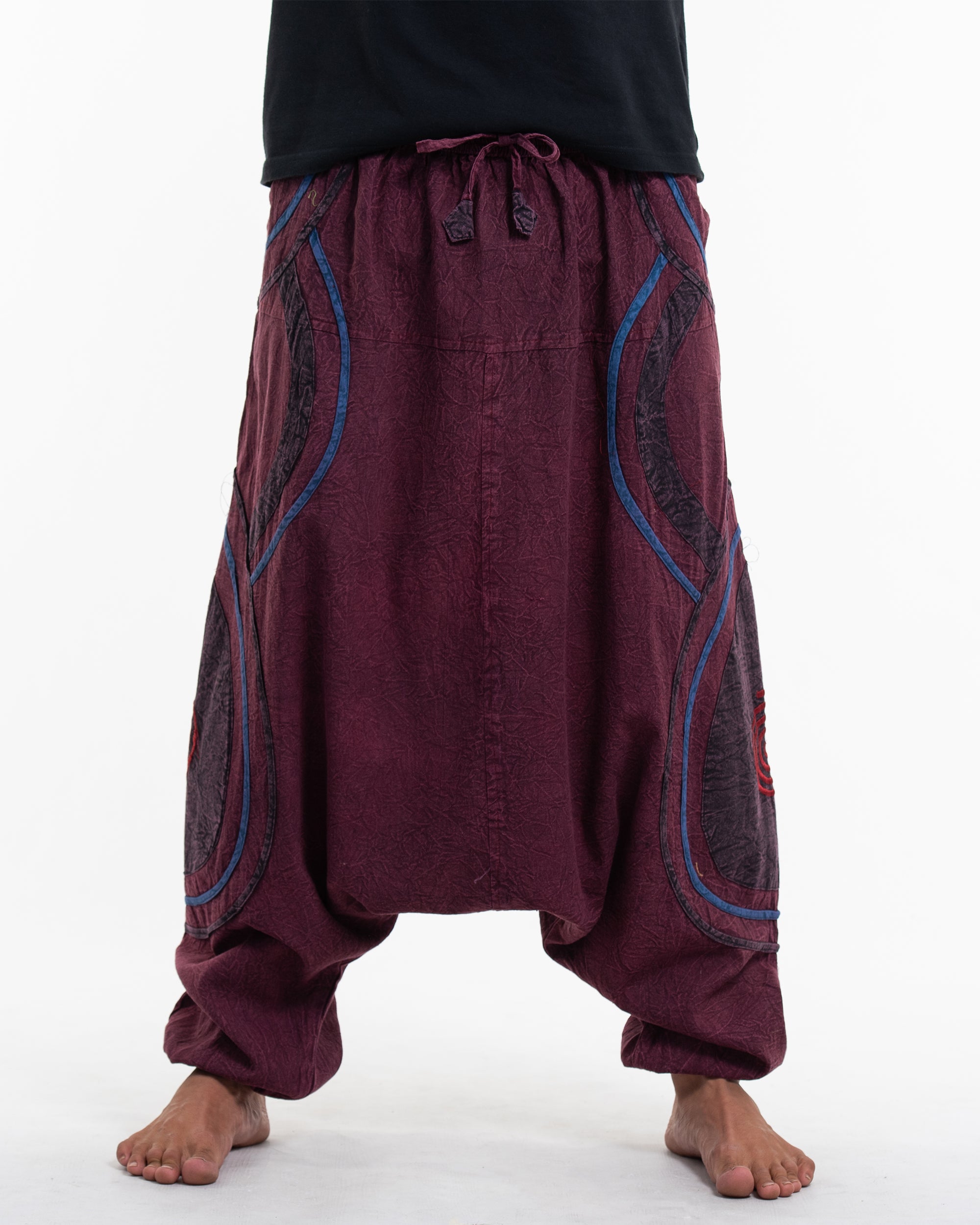Men's Patchwork Stone Washed Low Cut Cotton Pants in Red 01