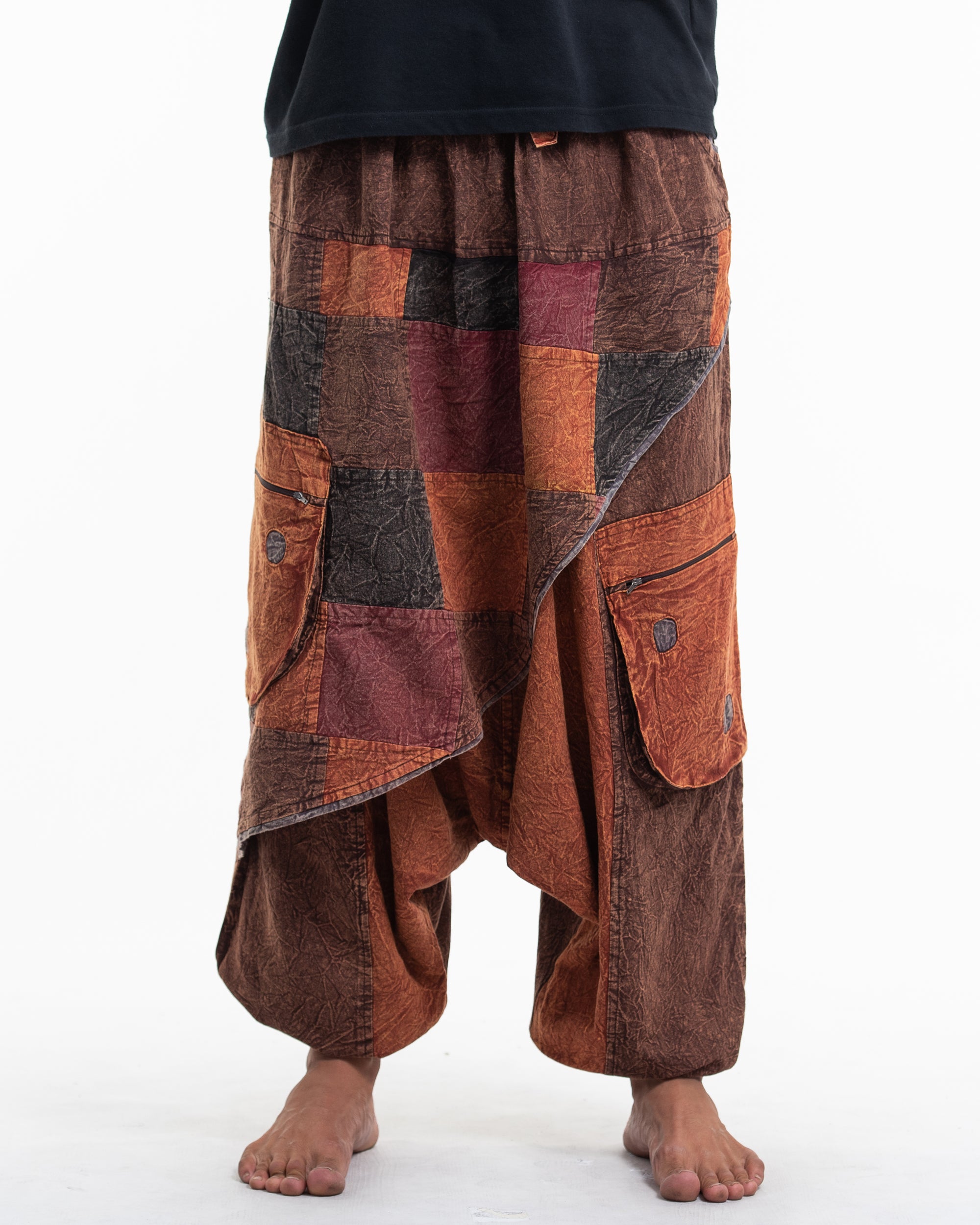 Men's Patchwork Stone Washed Low Cut Cotton Pants in Brown 02