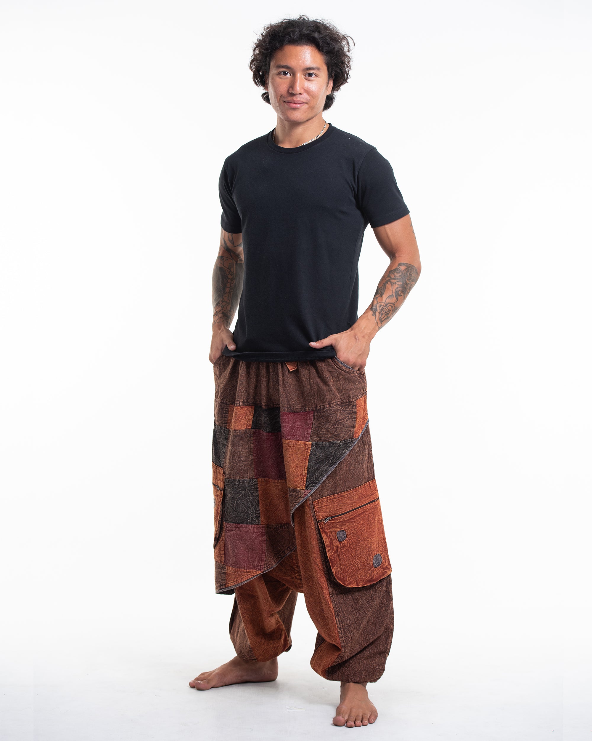 Men's Patchwork Stone Washed Low Cut Cotton Pants in Brown 02