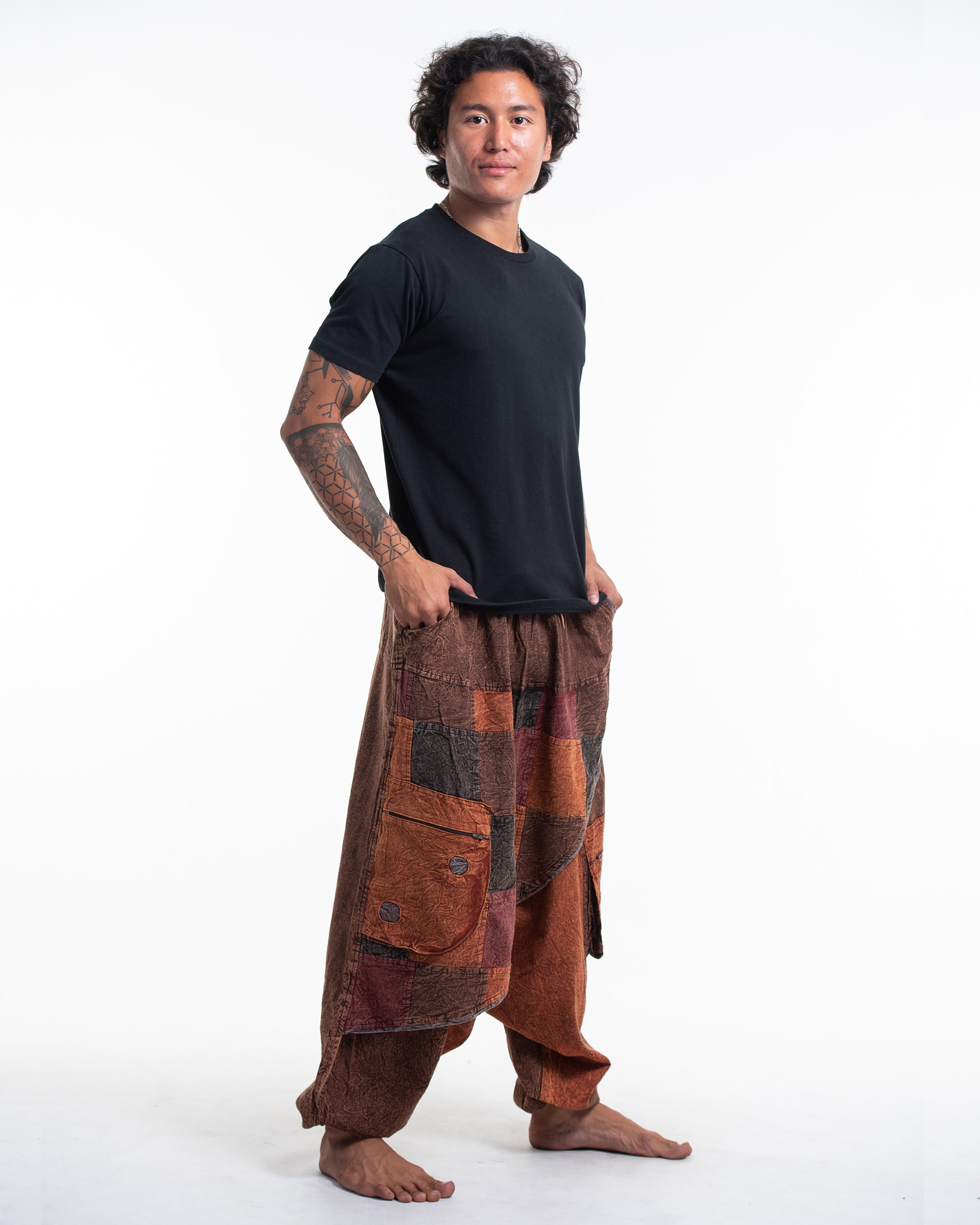 Men's Patchwork Stone Washed Low Cut Cotton Pants in Brown 02