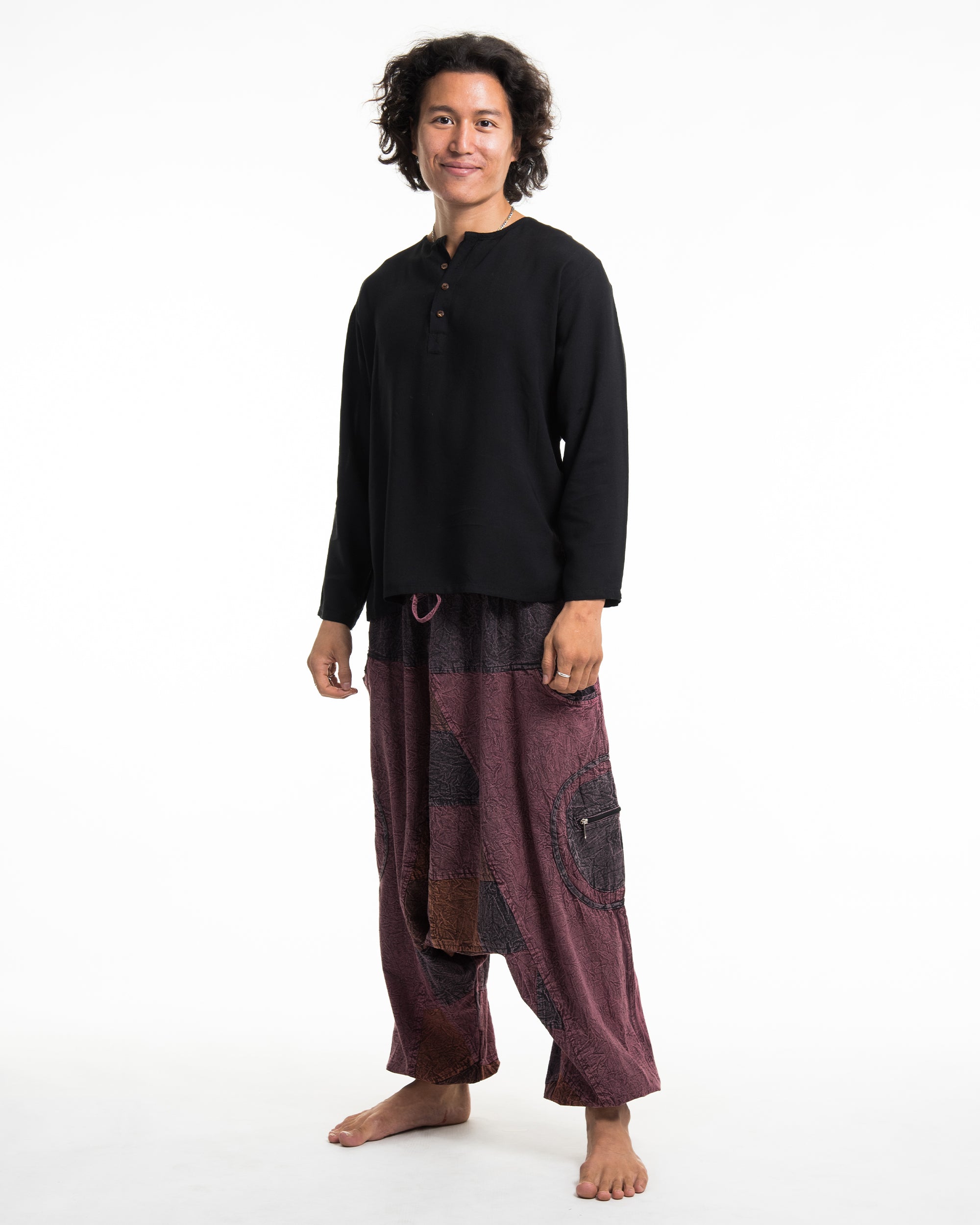 Mens Patchwork Stone Washed Low Cut Cotton Pants in Red 03