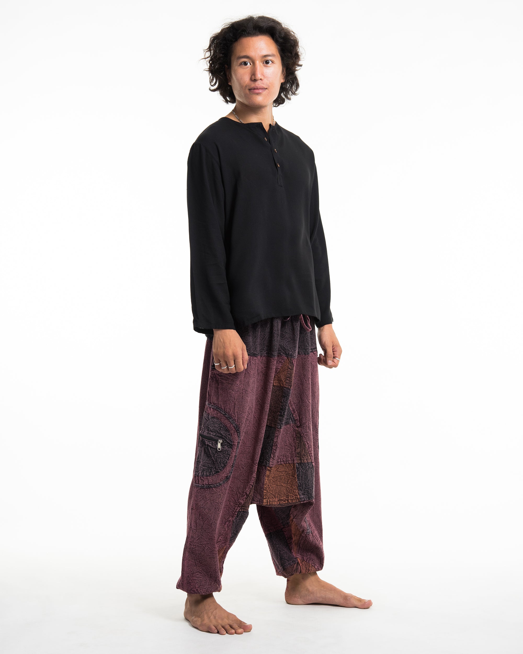 Mens Patchwork Stone Washed Low Cut Cotton Pants in Red 03