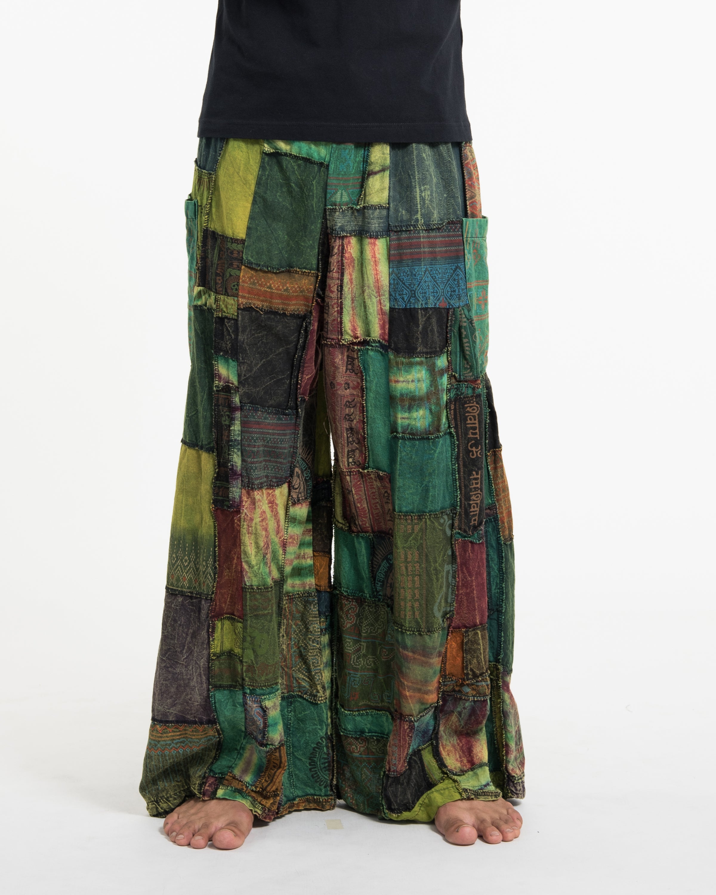 Men's Patchwork Stone Washed Wide Leg Cotton Pants in Dawn