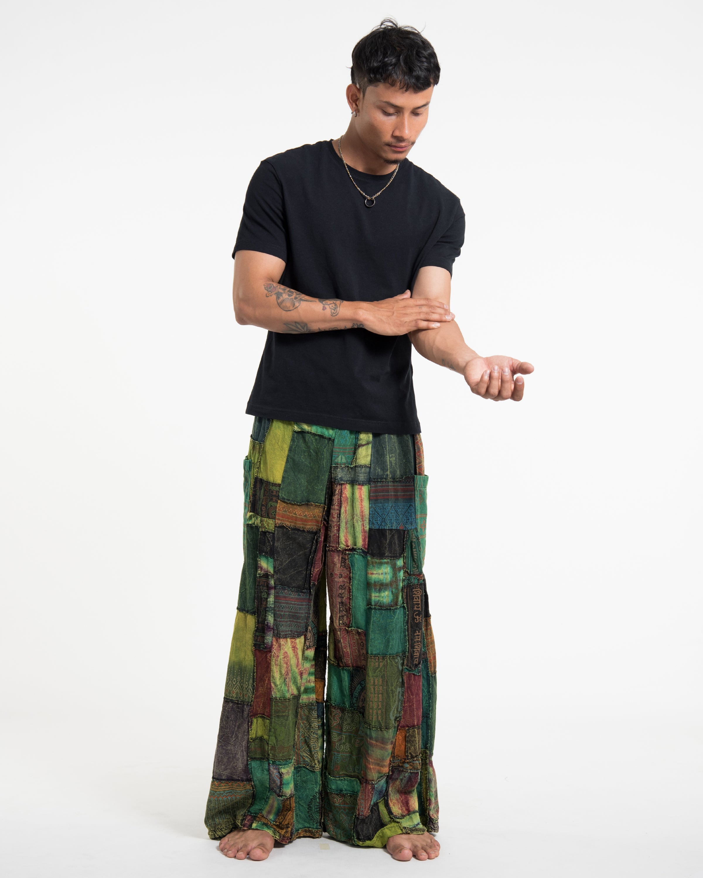 Men's Patchwork Stone Washed Wide Leg Cotton Pants in Dawn