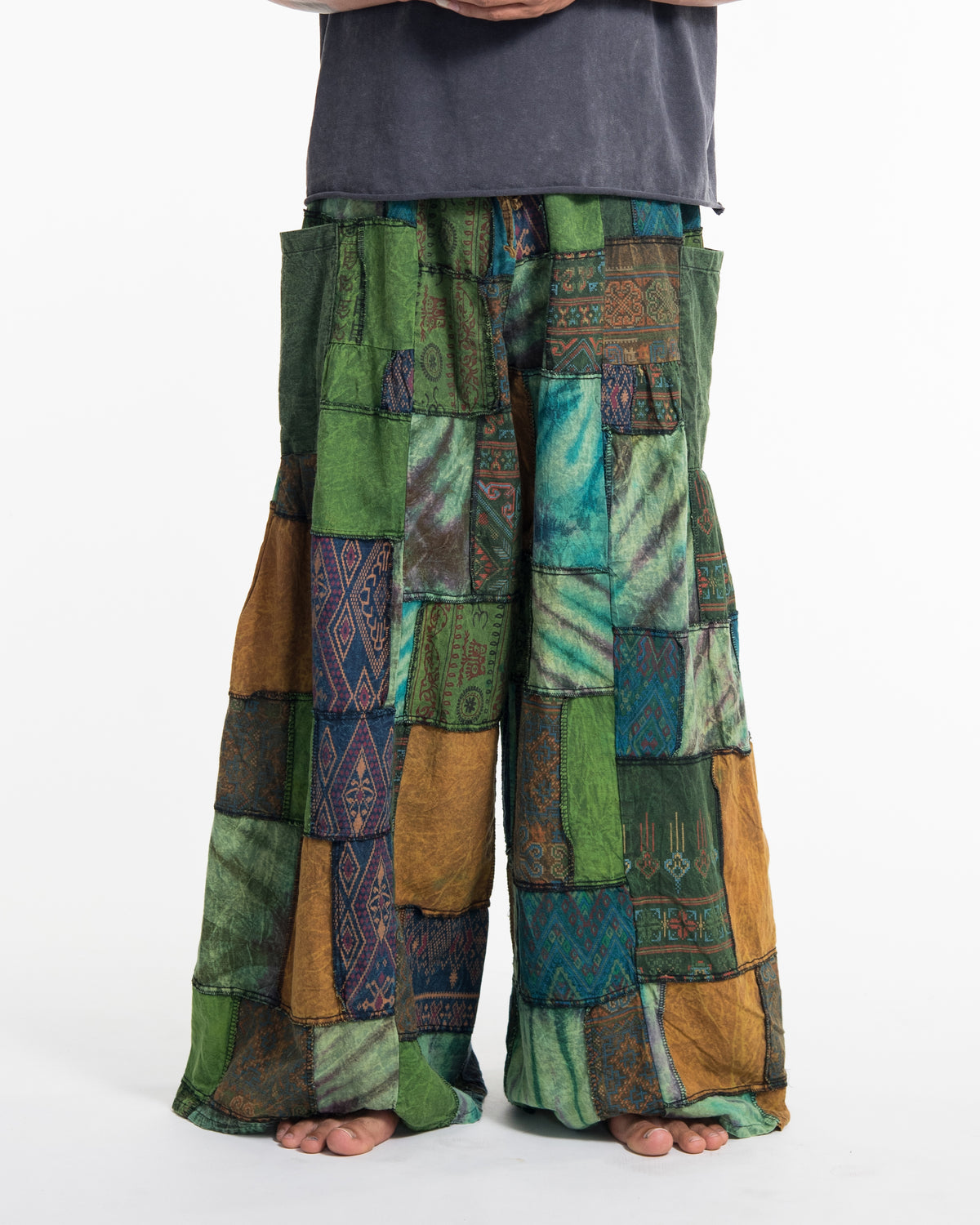Men's Patchwork Stone Washed Wide Leg Cotton Pants in Dawn