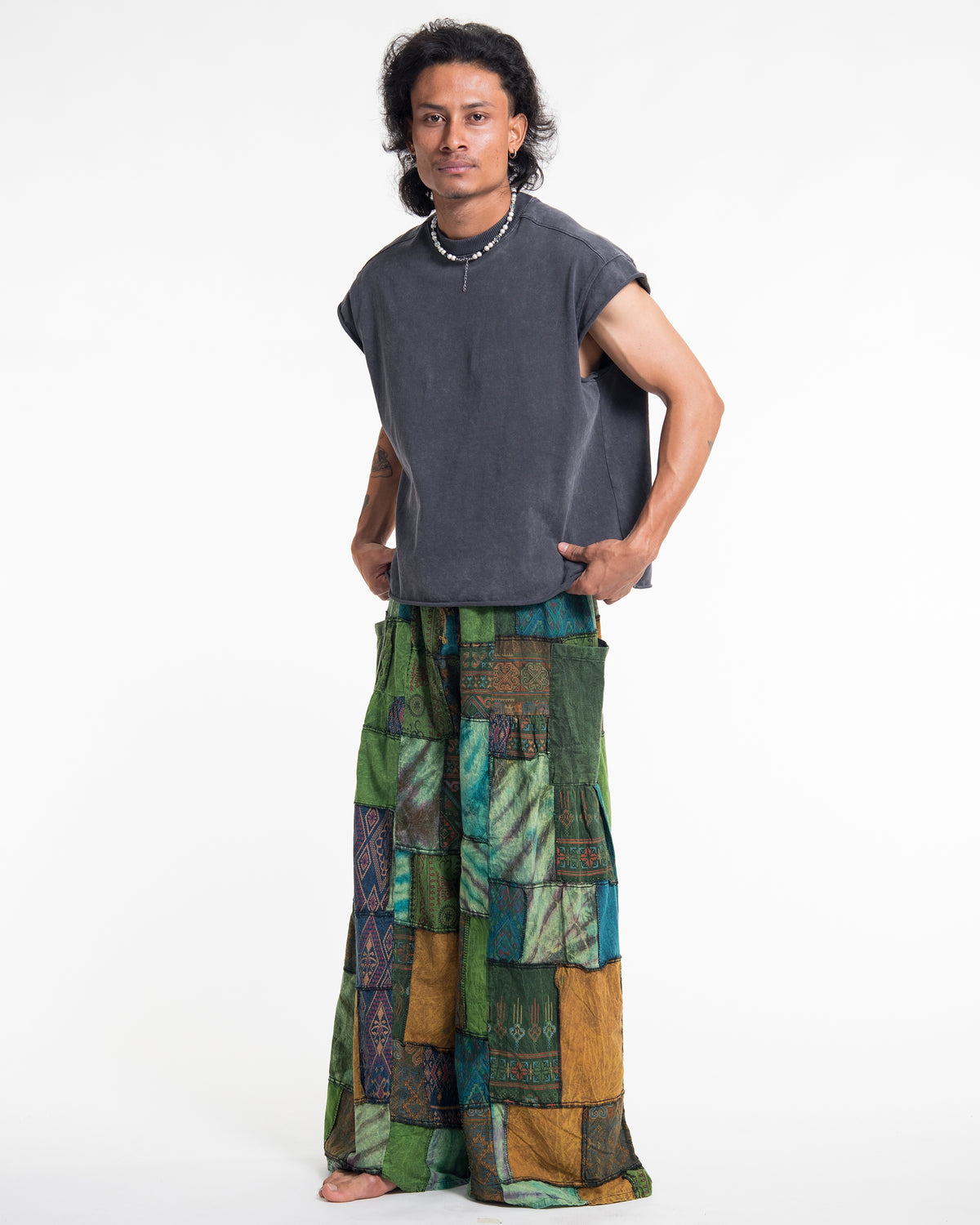 Men's Patchwork Stone Washed Wide Leg Cotton Pants in Dawn