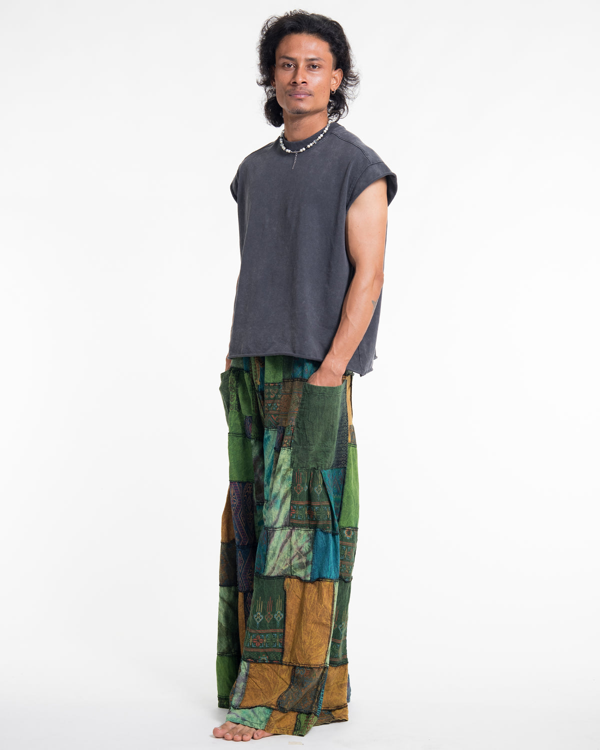 Men's Patchwork Stone Washed Wide Leg Cotton Pants in Dawn