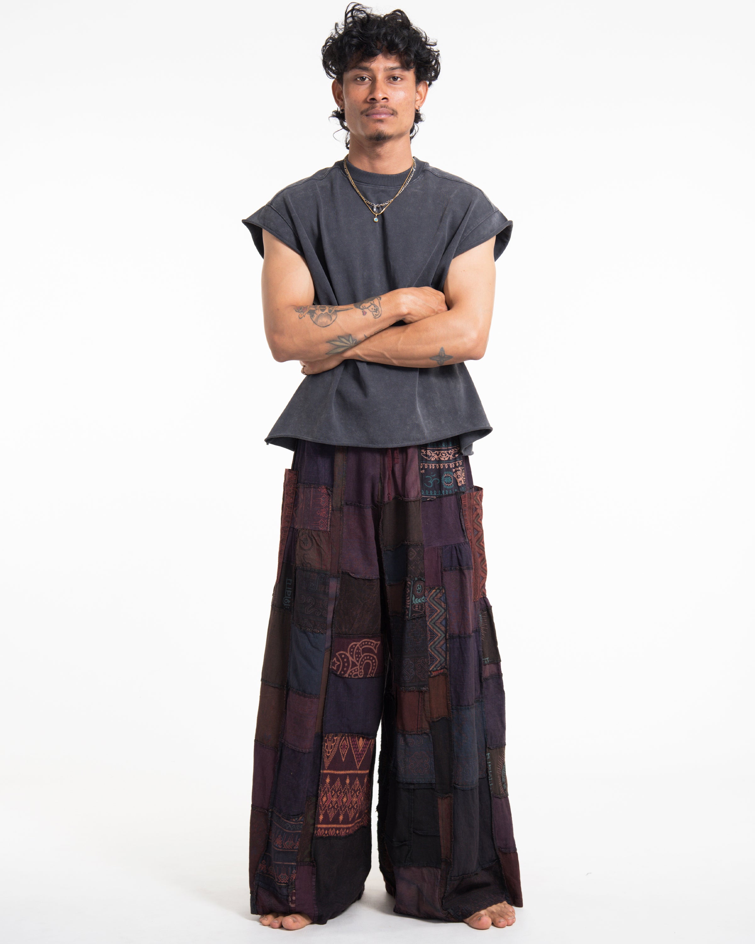 Men's Patchwork Stone Washed Wide Leg Cotton Pants in Dayfade