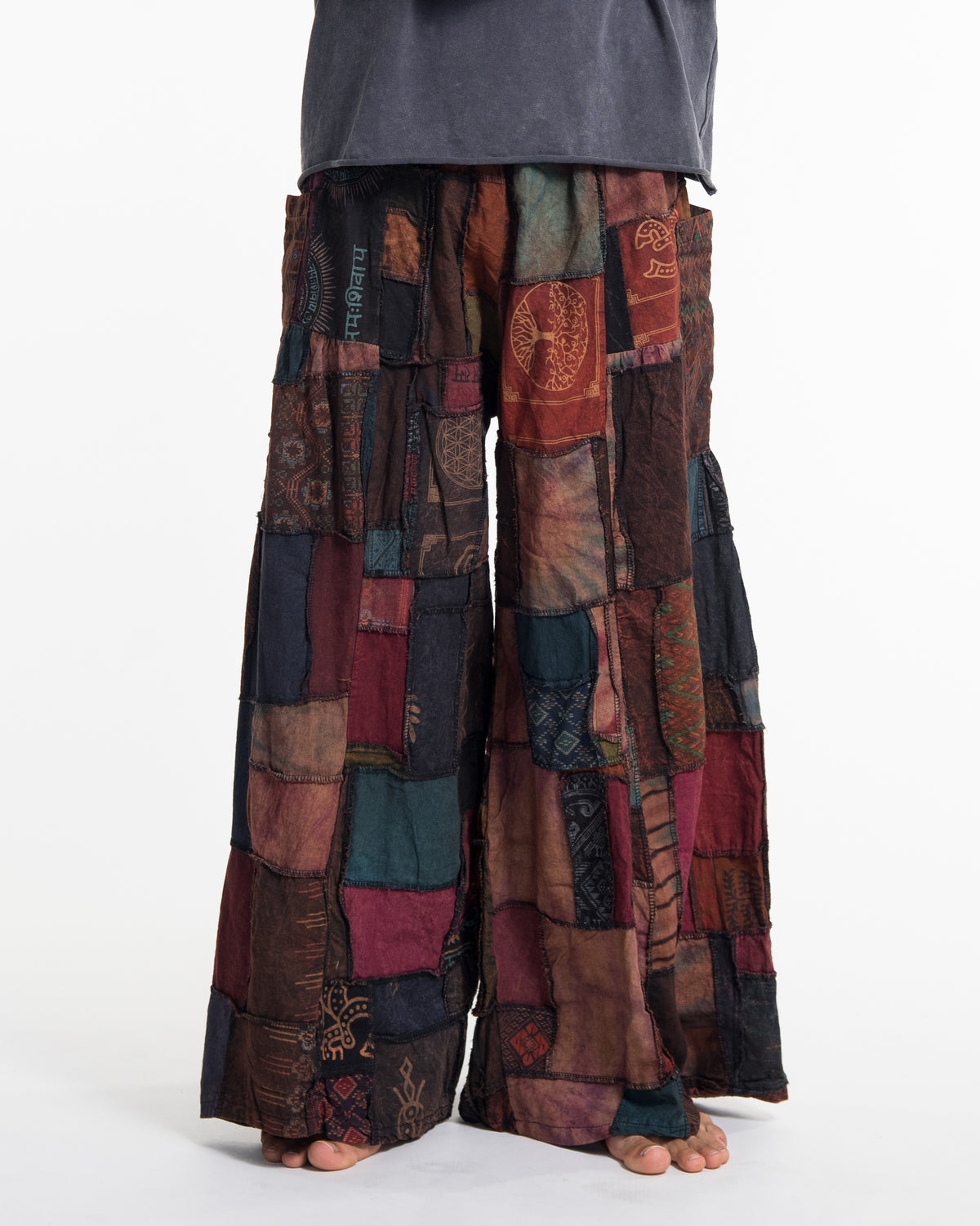 Men's Patchwork Stone Washed Wide Leg Cotton Pants in Darkfall