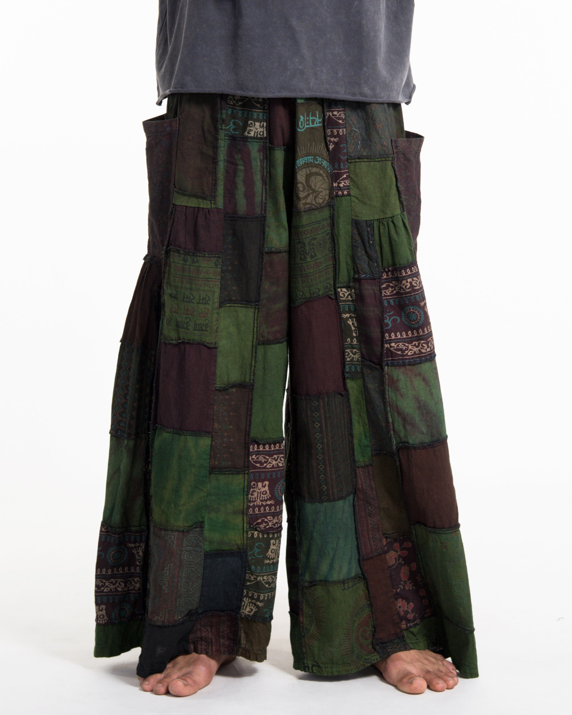 Men's Patchwork Stone Washed Wide Leg Cotton Pants in Dew