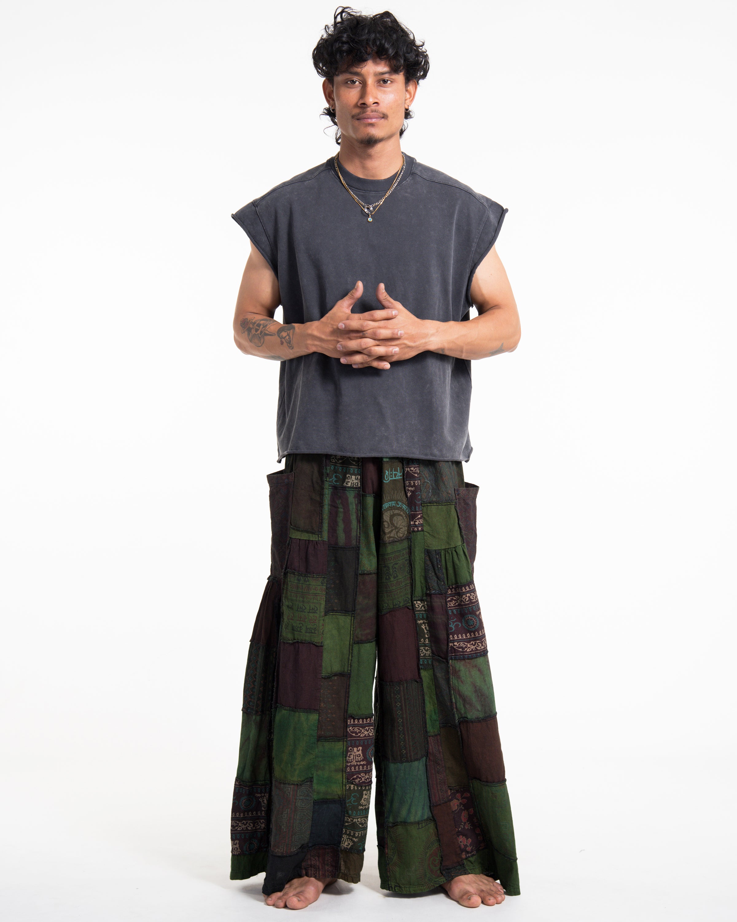 Men's Patchwork Stone Washed Wide Leg Cotton Pants in Dew