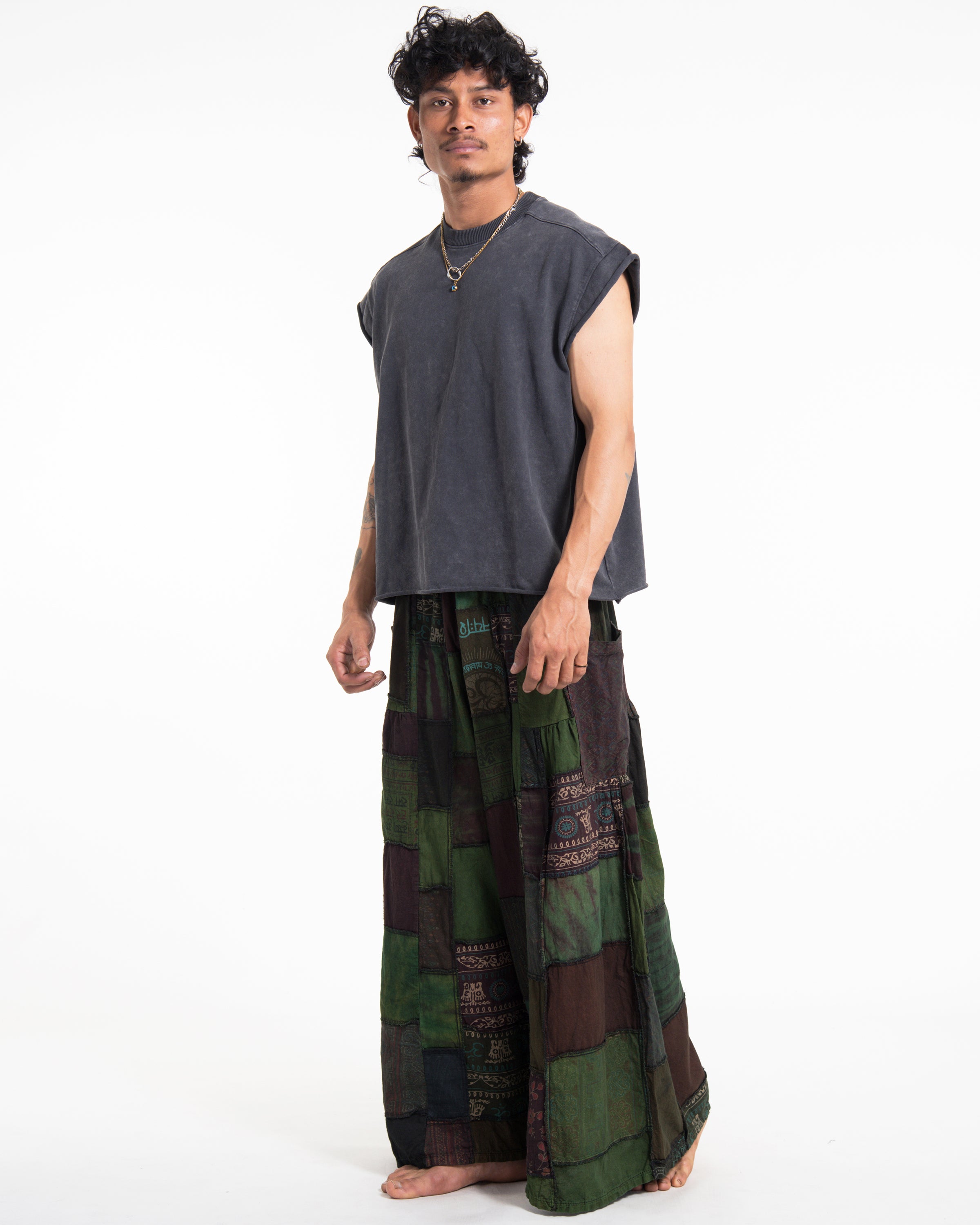 Men's Patchwork Stone Washed Wide Leg Cotton Pants in Dew