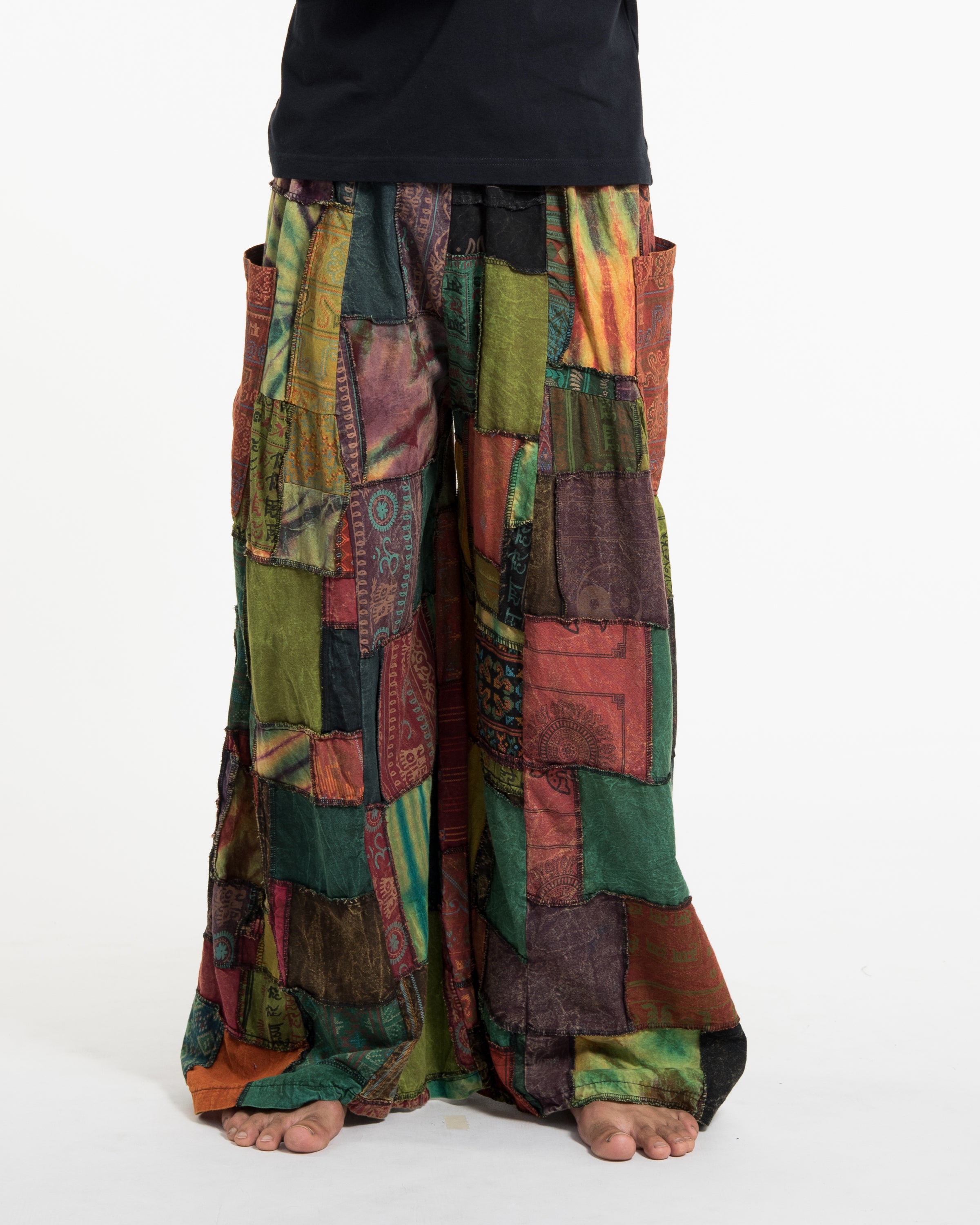 Men's Patchwork Stone Washed Wide Leg Cotton Pants in Dune