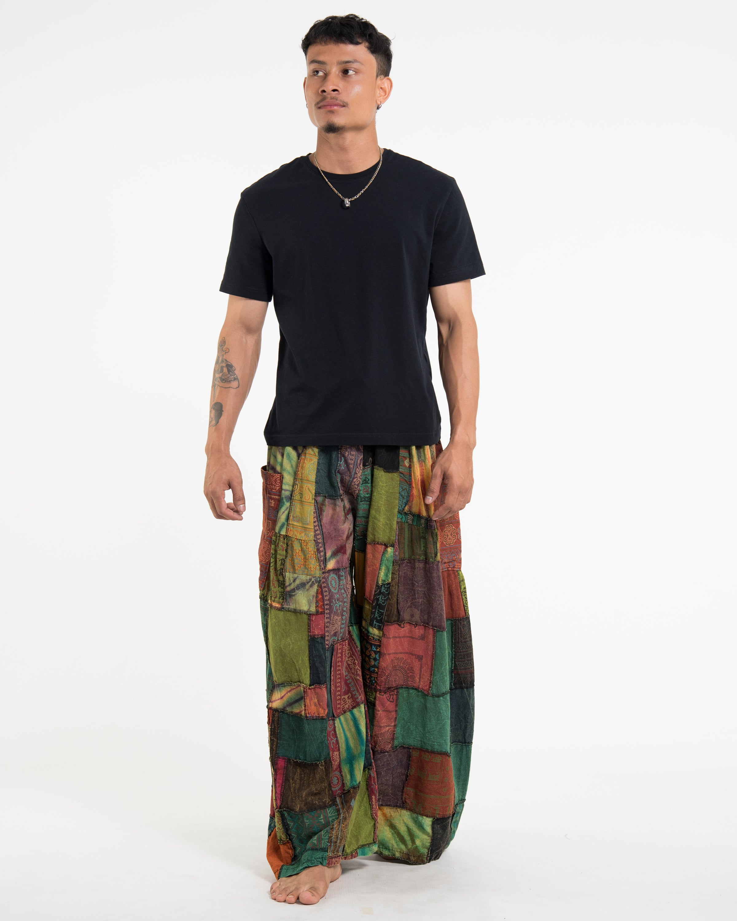 Men's Patchwork Stone Washed Wide Leg Cotton Pants in Dune