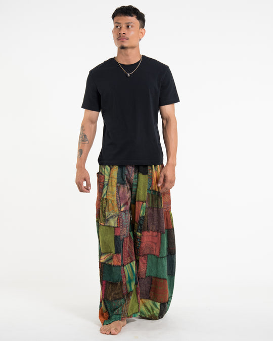 Men's Patchwork Stone Washed Wide Leg Cotton Pants in Dune
