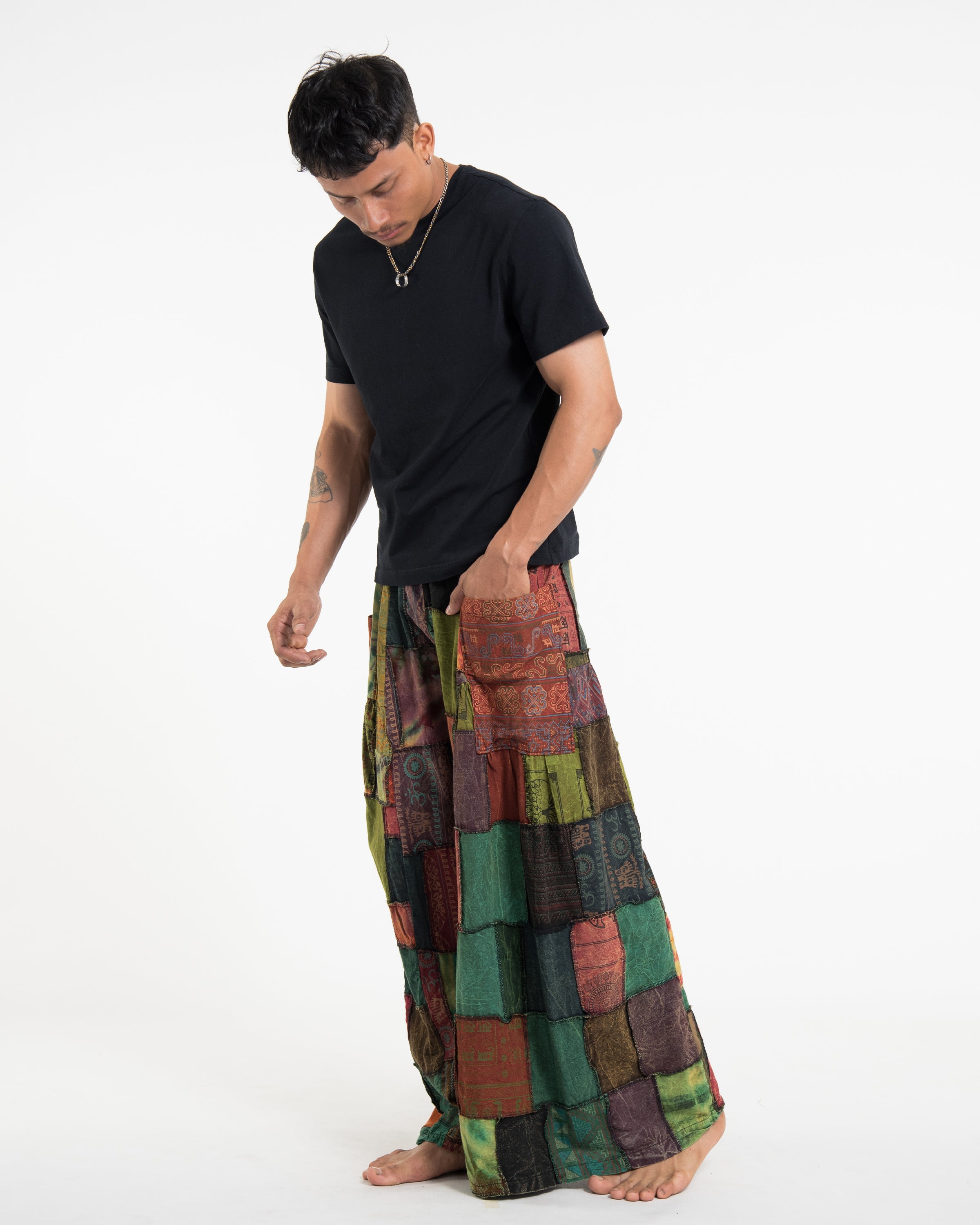 Men's Patchwork Stone Washed Wide Leg Cotton Pants in Dune