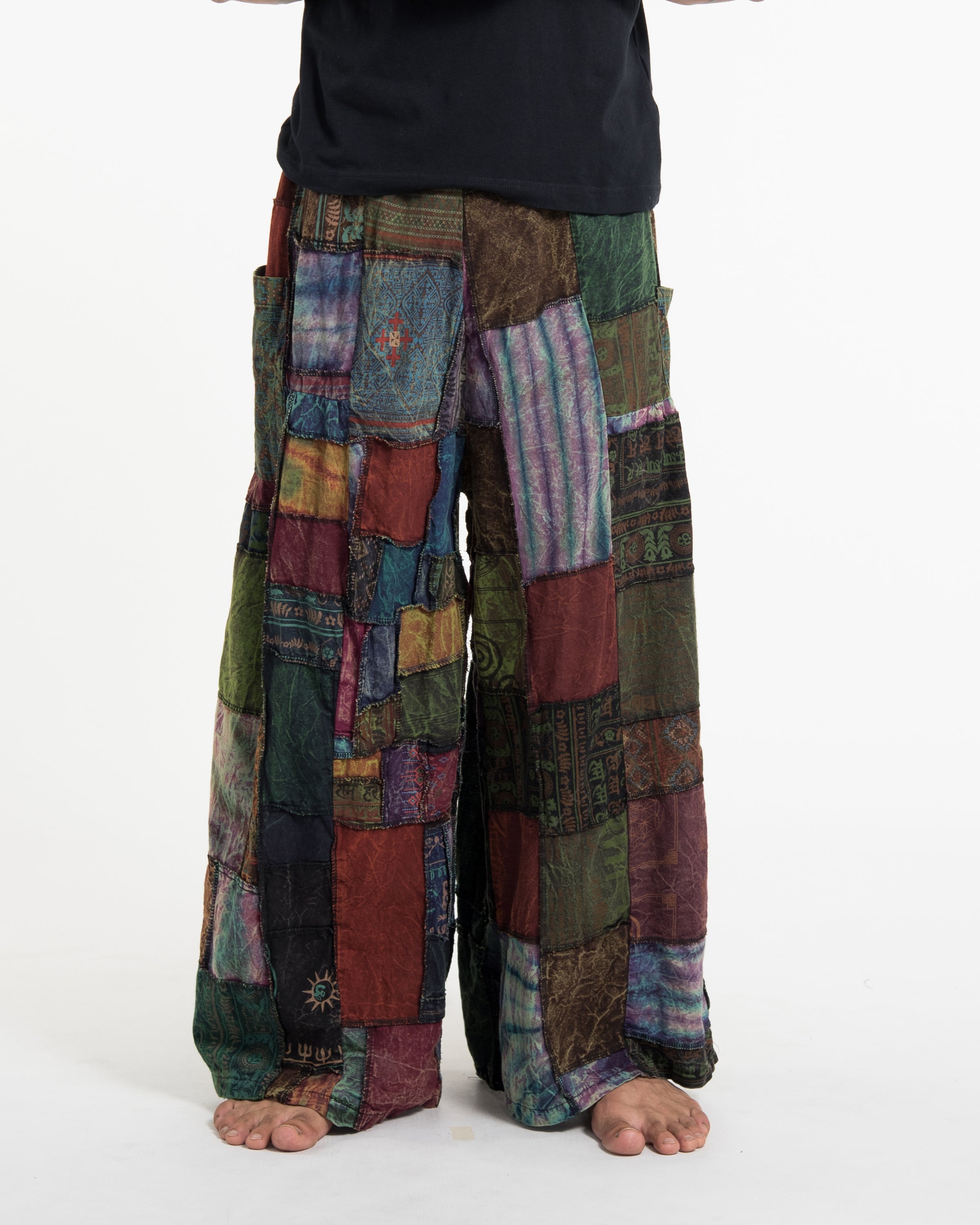 Men's Patchwork Stone Washed Wide Leg Cotton Pants in Dusk