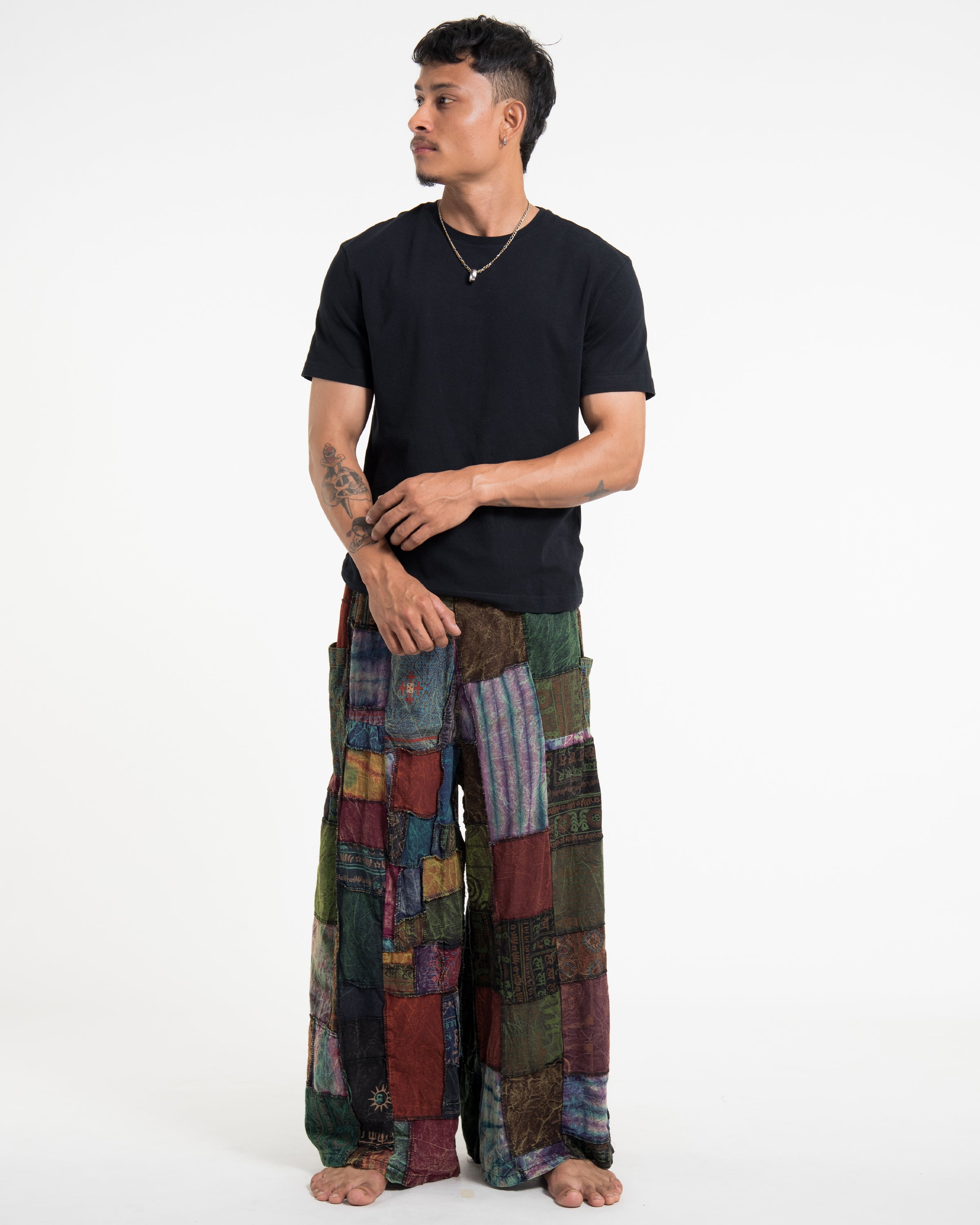 Men's Patchwork Stone Washed Wide Leg Cotton Pants in Dusk
