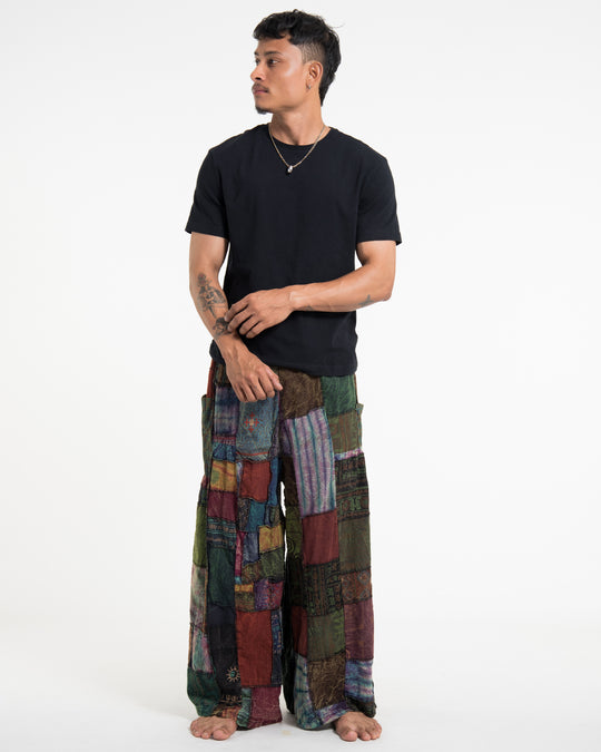 Men's Patchwork Stone Washed Wide Leg Cotton Pants in Dusk