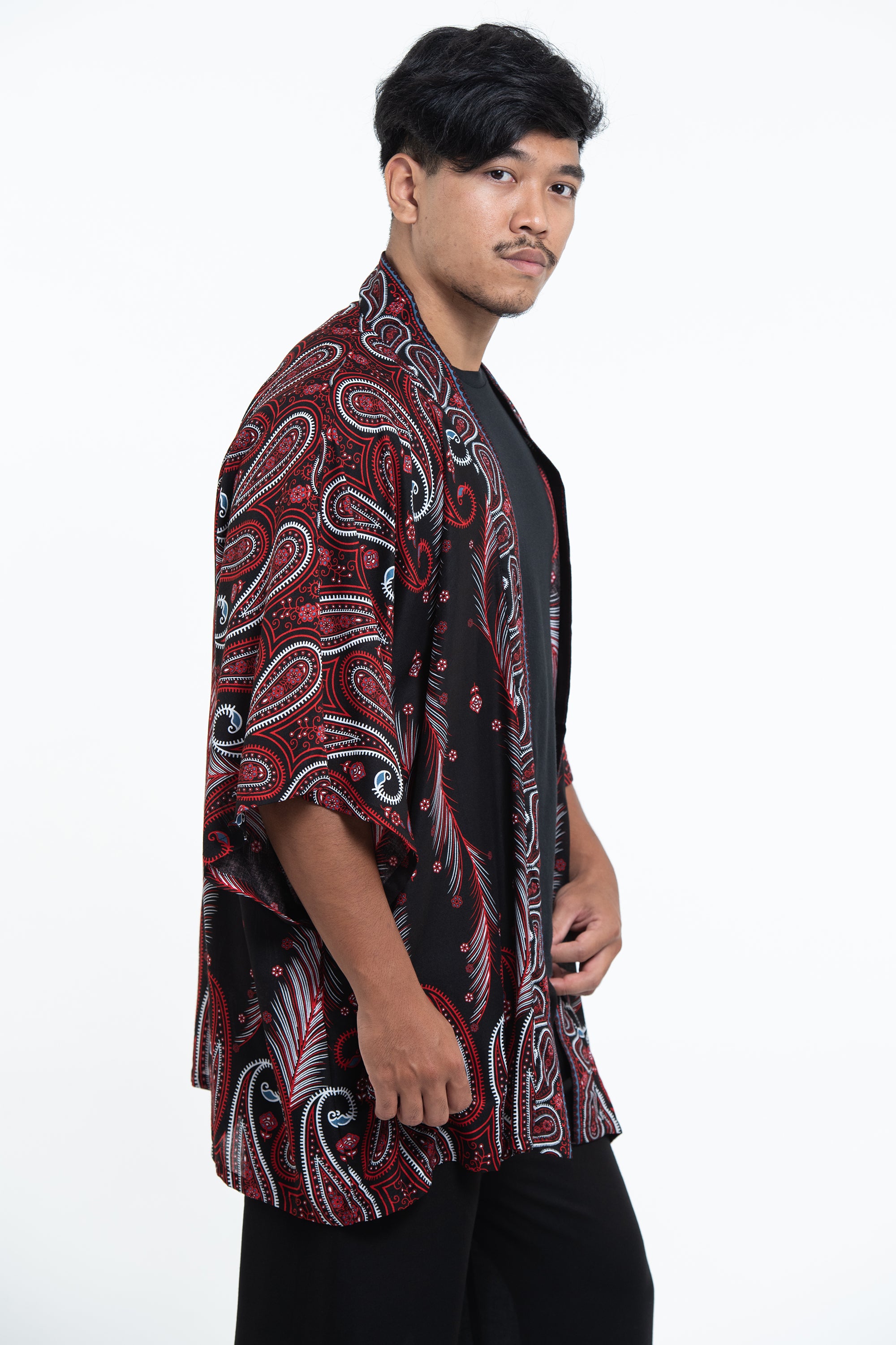 Paisley Feathers Kimono Cardigan in Black