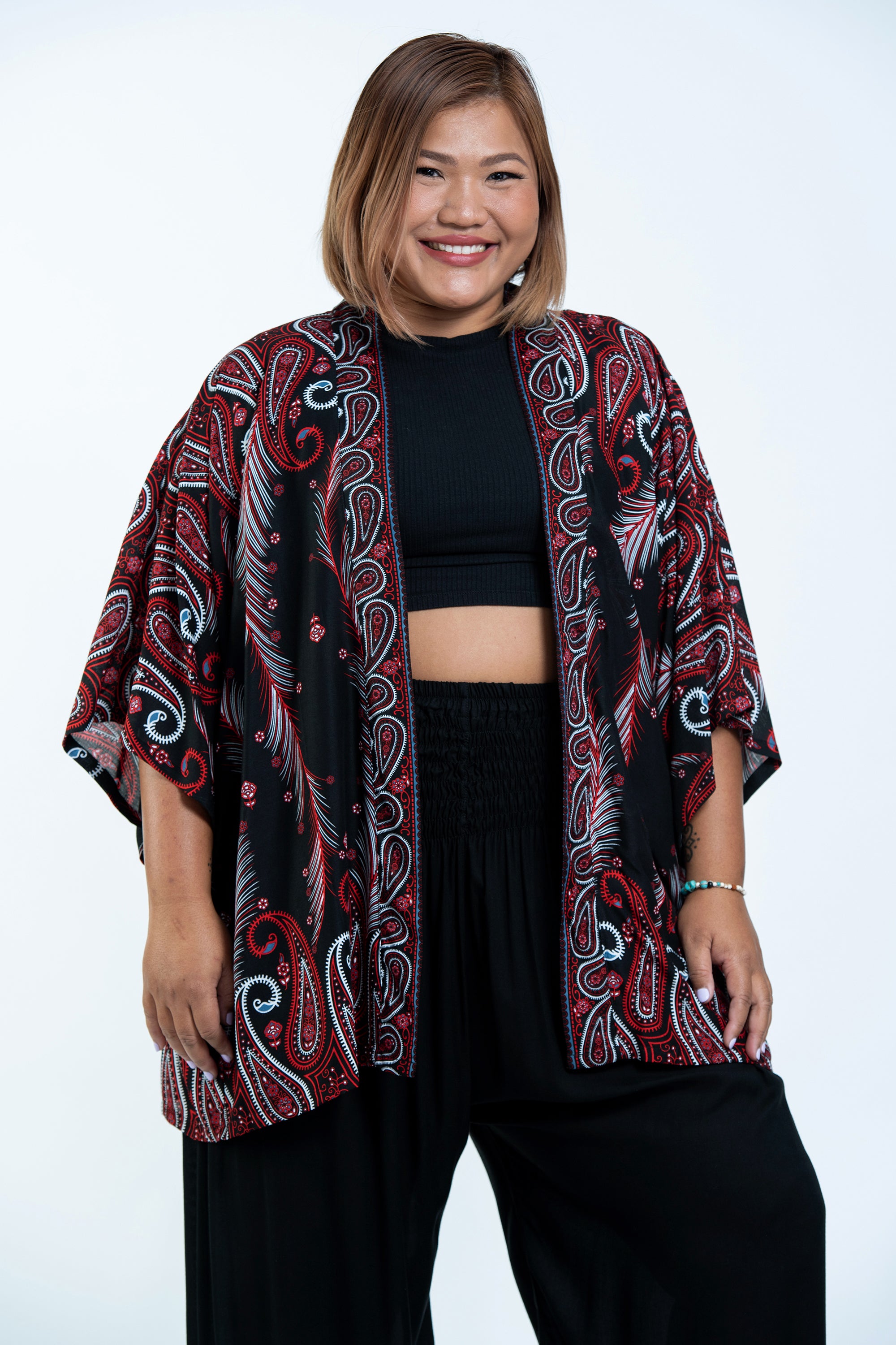 Paisley Feathers Kimono Cardigan in Black