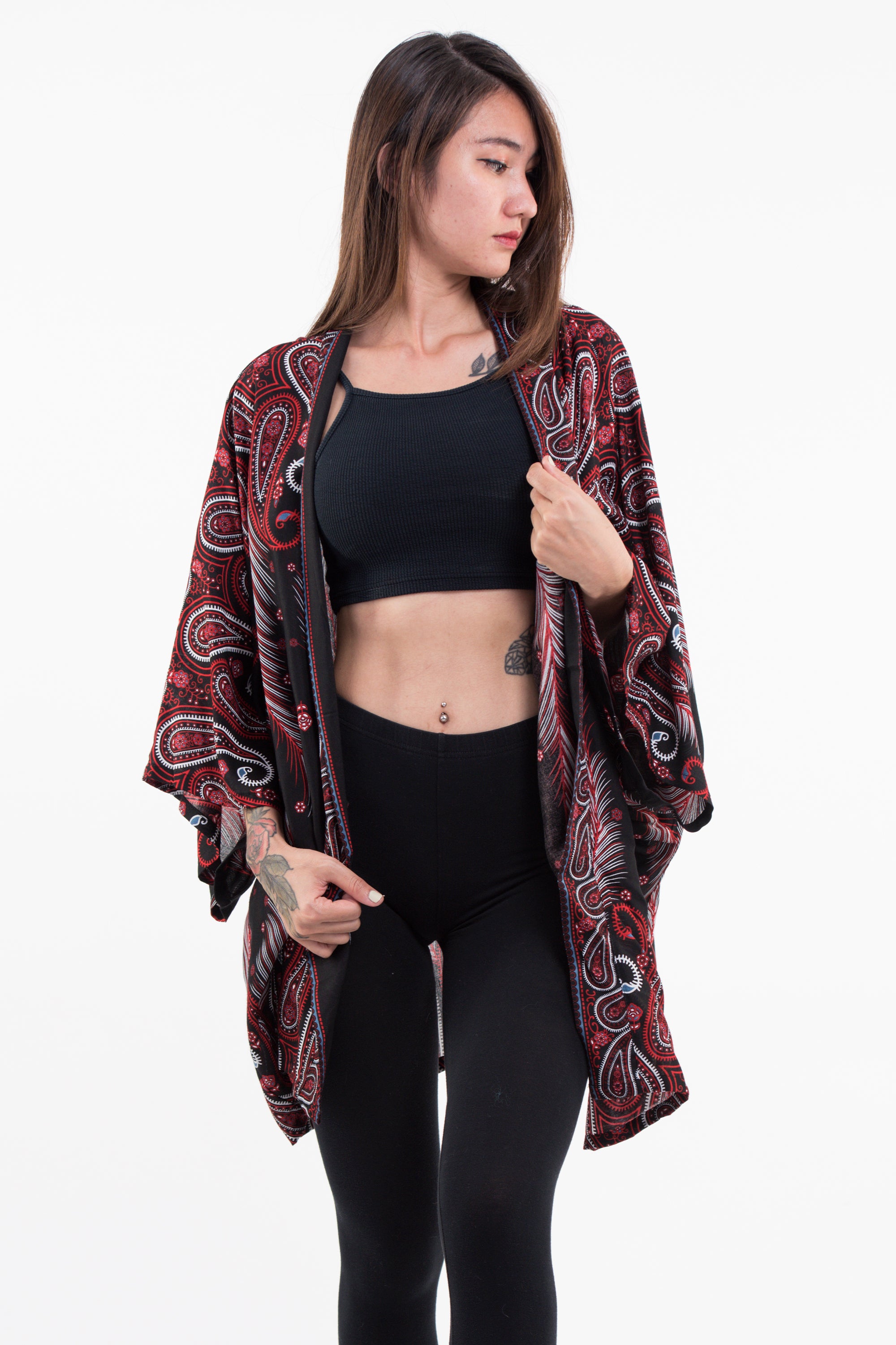 Paisley Feathers Kimono Cardigan in Black