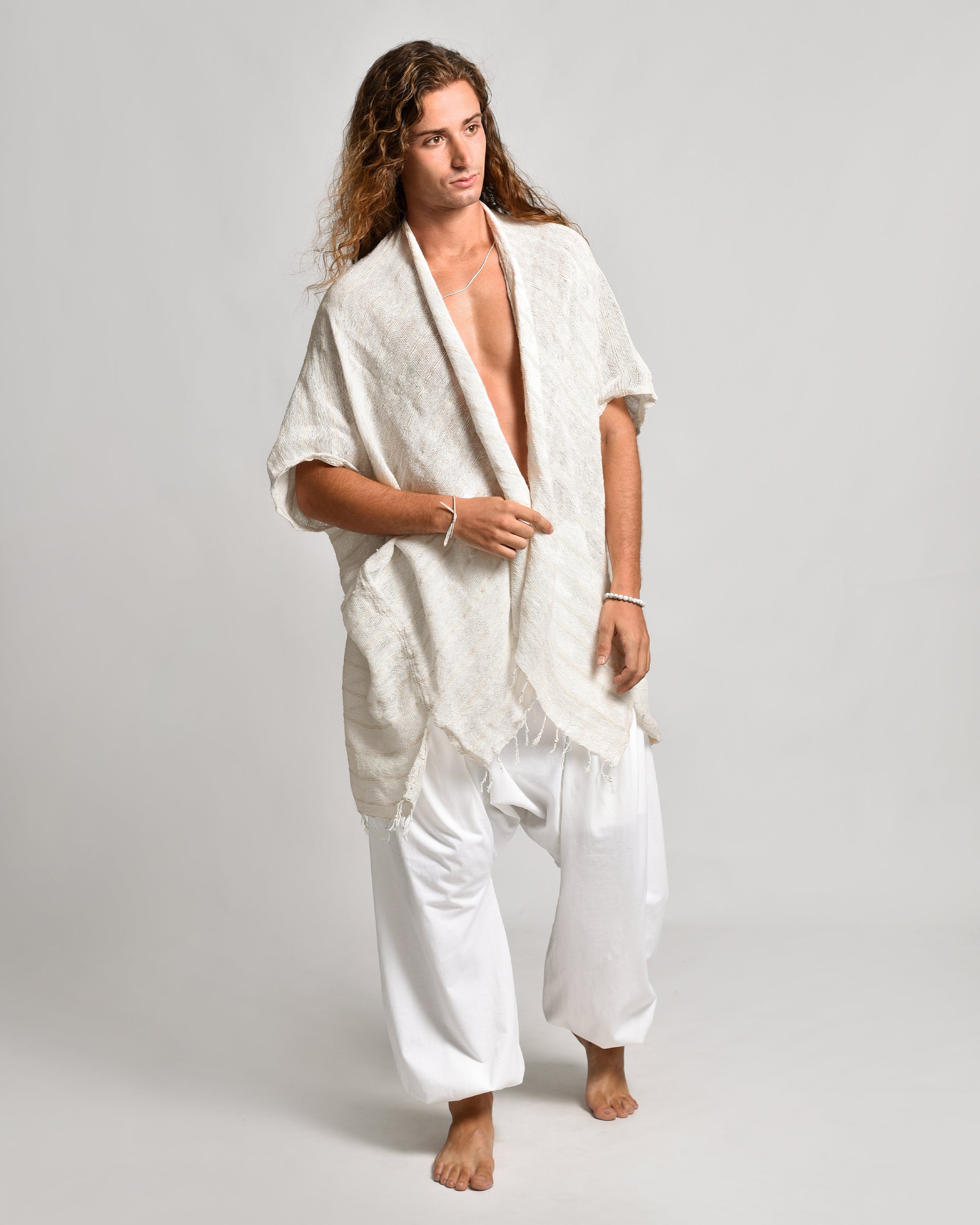 Hand-Woven Cotton Kimono Cardigan in Off White