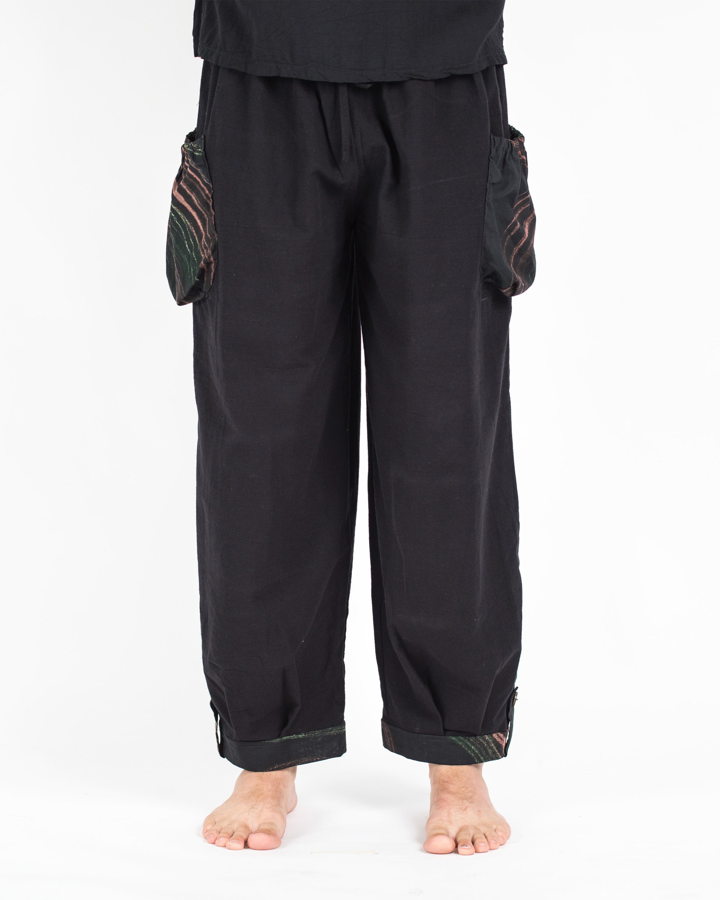 Thai Cotton Men Drawstring Pants With Hill Tribe Trim Black