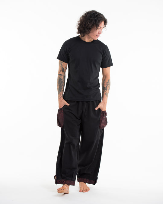 Thai Cotton Men Drawstring Pants With Hill Tribe Trim Black