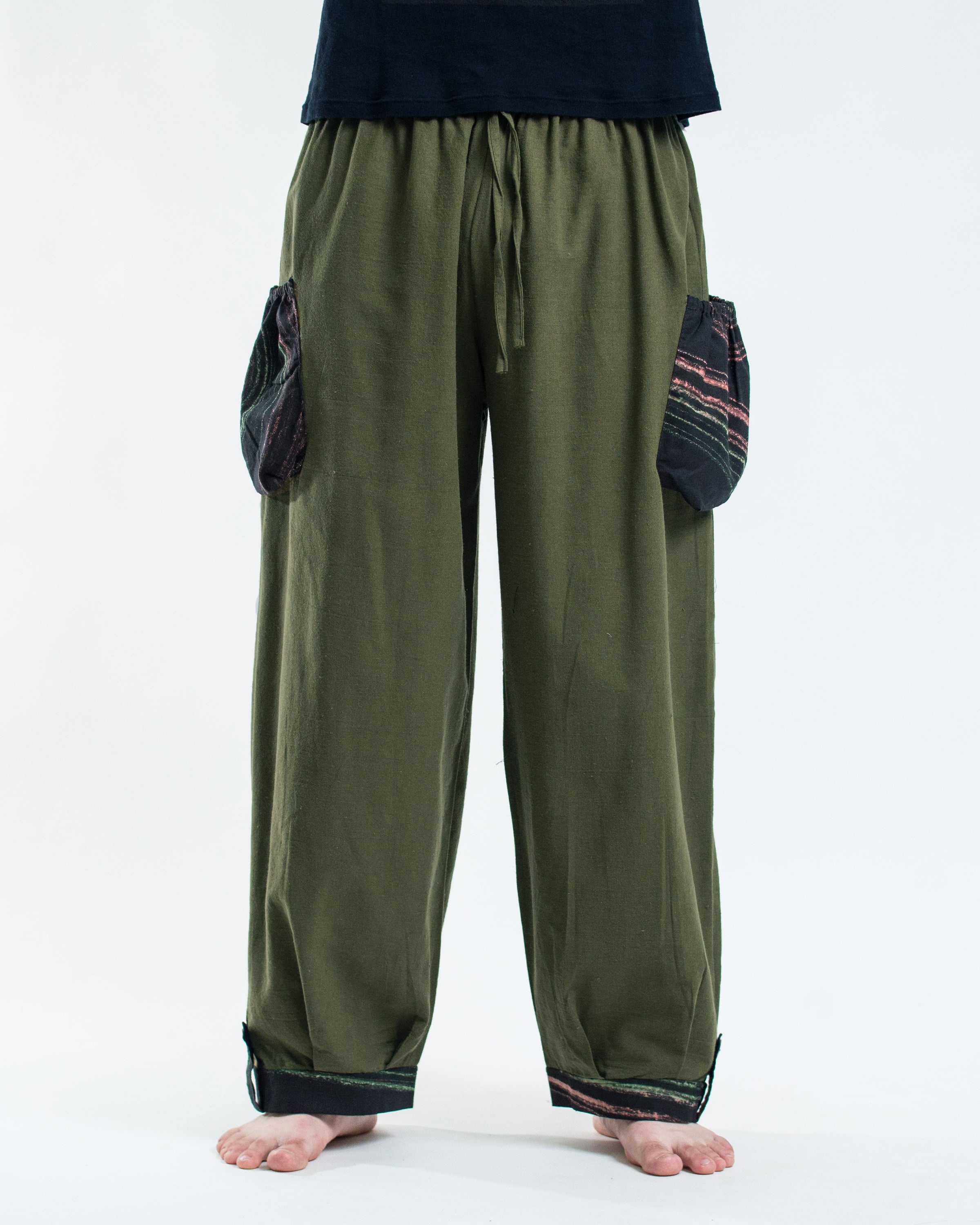 Thai Cotton Men Drawstring Pants With Hill Tribe Trim Olive