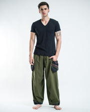 Thai Cotton Men Drawstring Pants With Hill Tribe Trim Olive