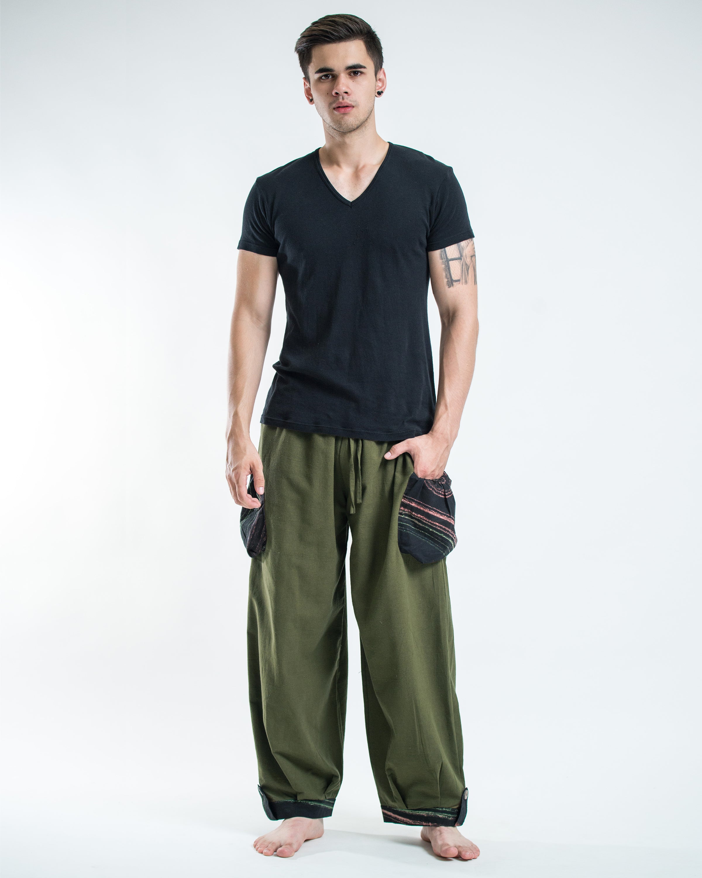 Thai Cotton Men Drawstring Pants With Hill Tribe Trim Olive