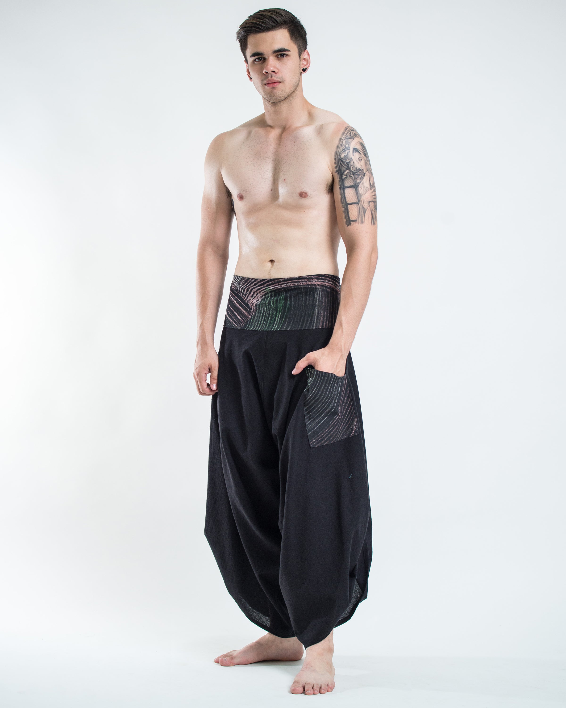 Men's Thai Button Up Cotton Pants with Hill Tribe Trim Black