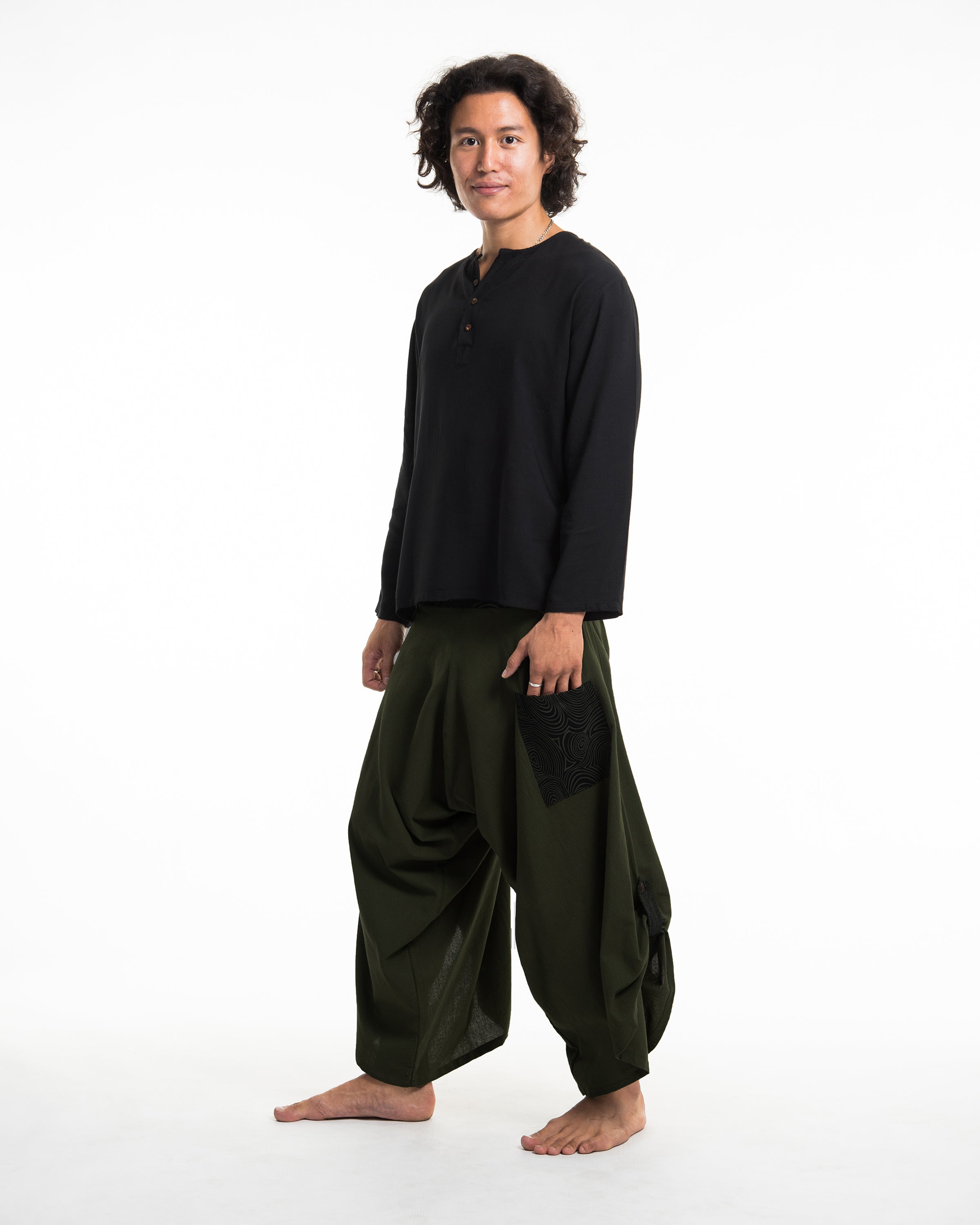 Men's Thai Button Up Cotton Pants with Hill Tribe Trim Dark Green
