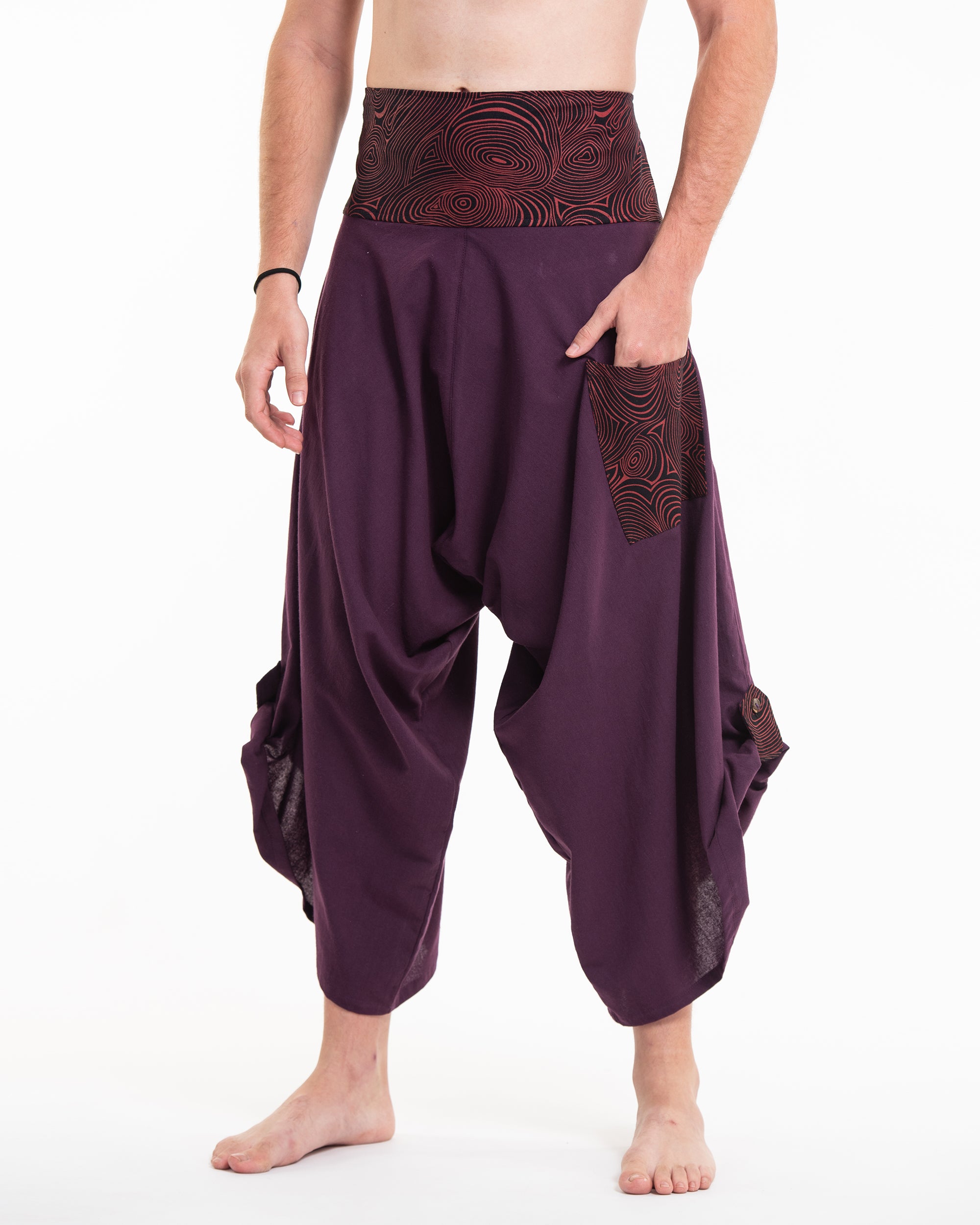 Men's Thai Button Up Cotton Pants with Hill Tribe Trim Purple