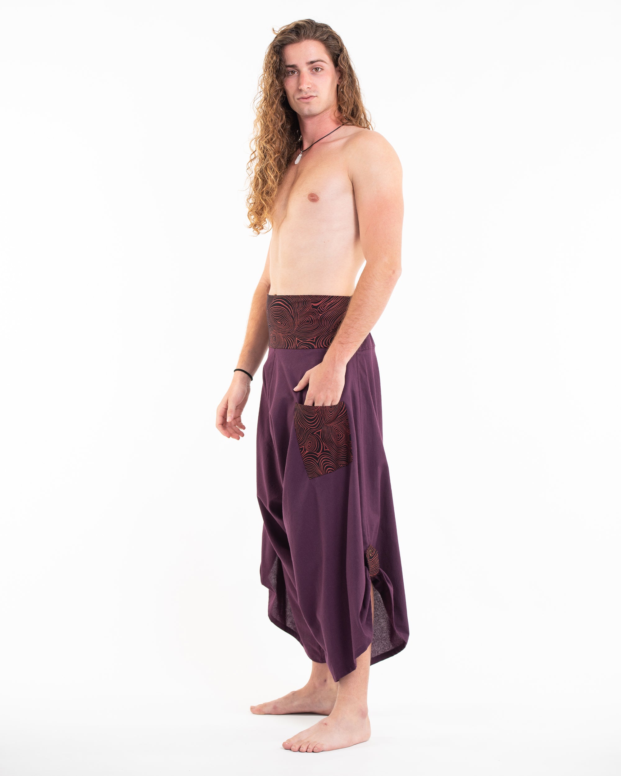 Men's Thai Button Up Cotton Pants with Hill Tribe Trim Purple