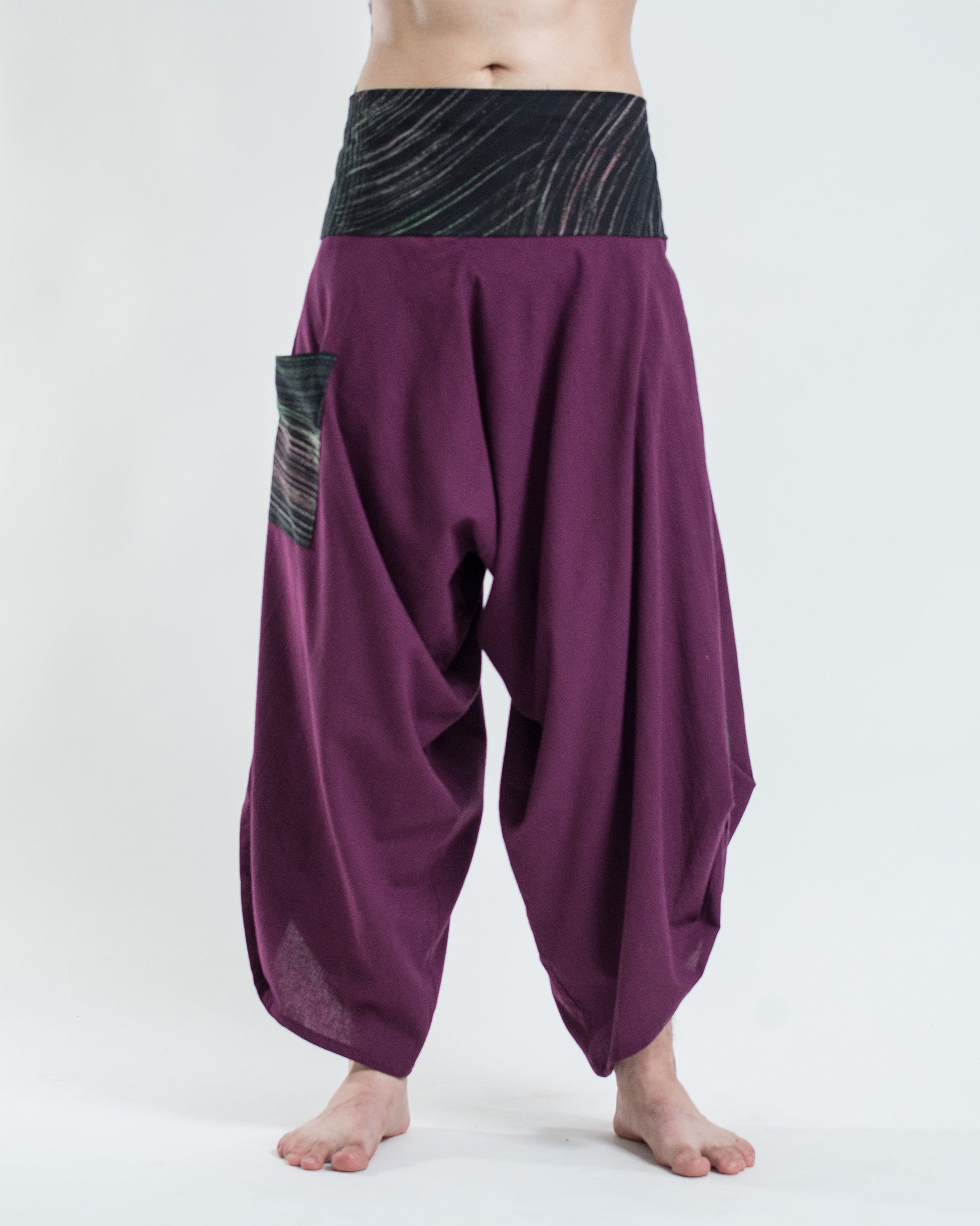 Men's Thai Button Up Cotton Pants with Hill Tribe Trim Purple