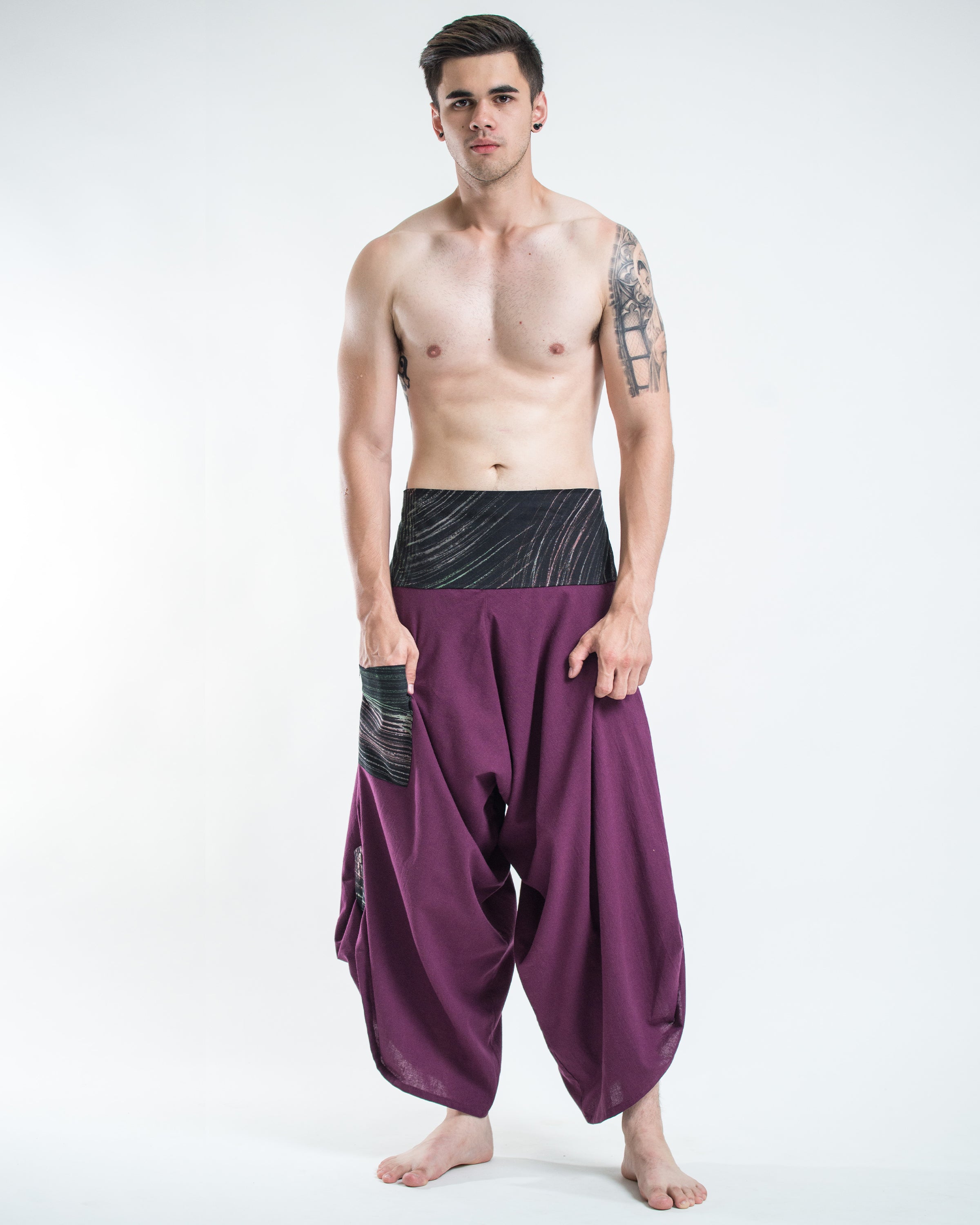 Men's Thai Button Up Cotton Pants with Hill Tribe Trim Purple