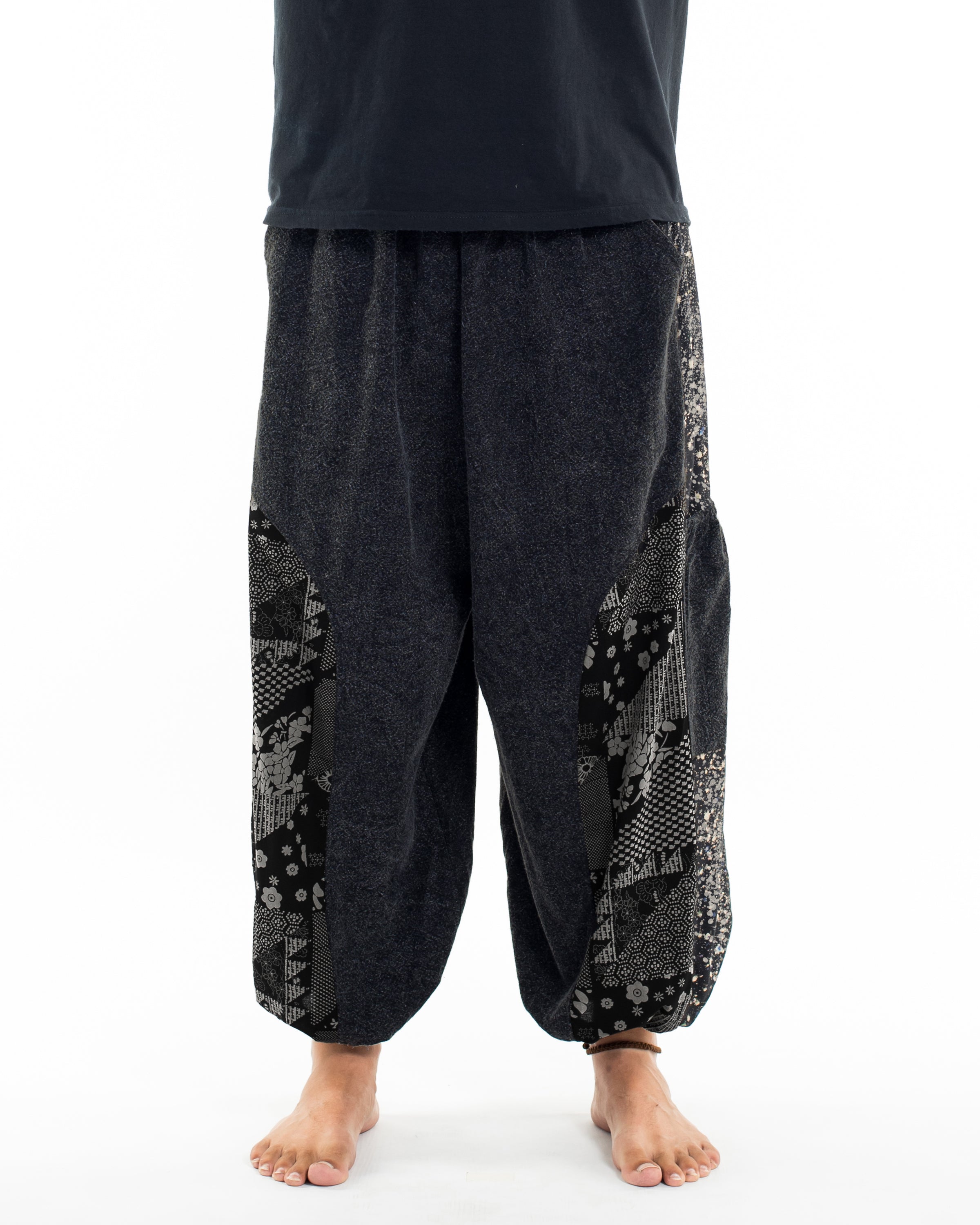 Stone Washed Patchwork Men Unisex Pants in Black