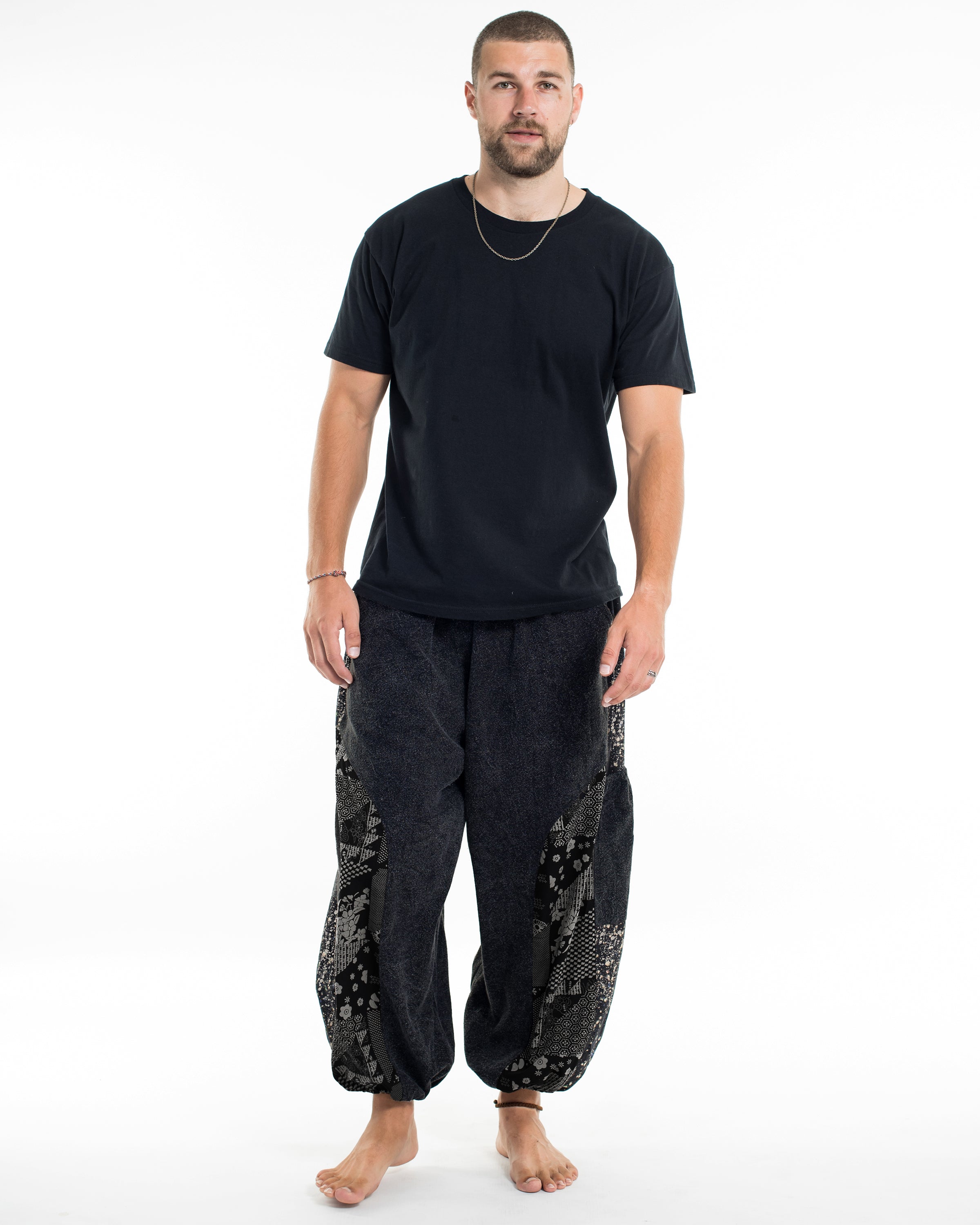 Stone Washed Patchwork Men Unisex Pants in Black