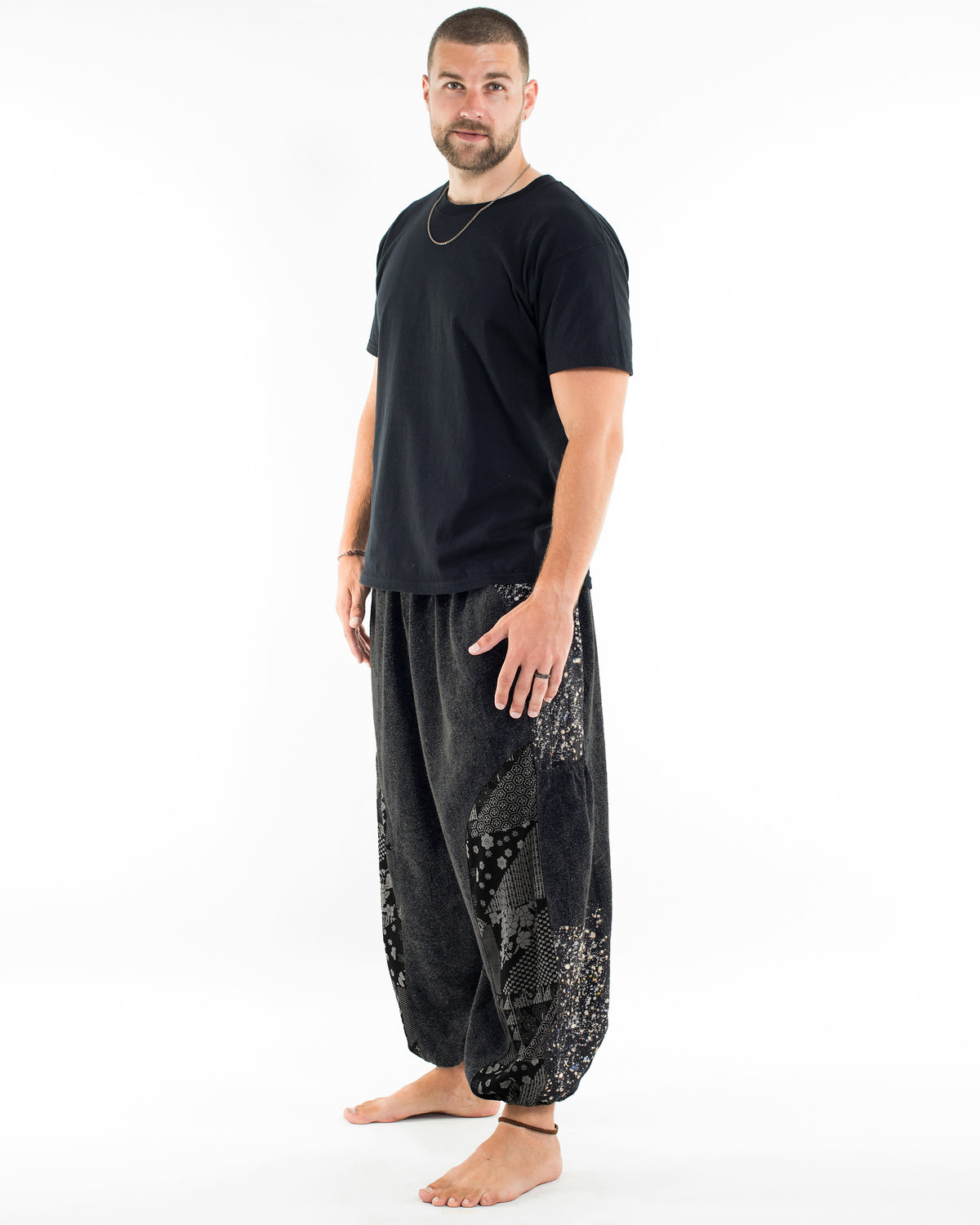 Stone Washed Patchwork Men Unisex Pants in Black
