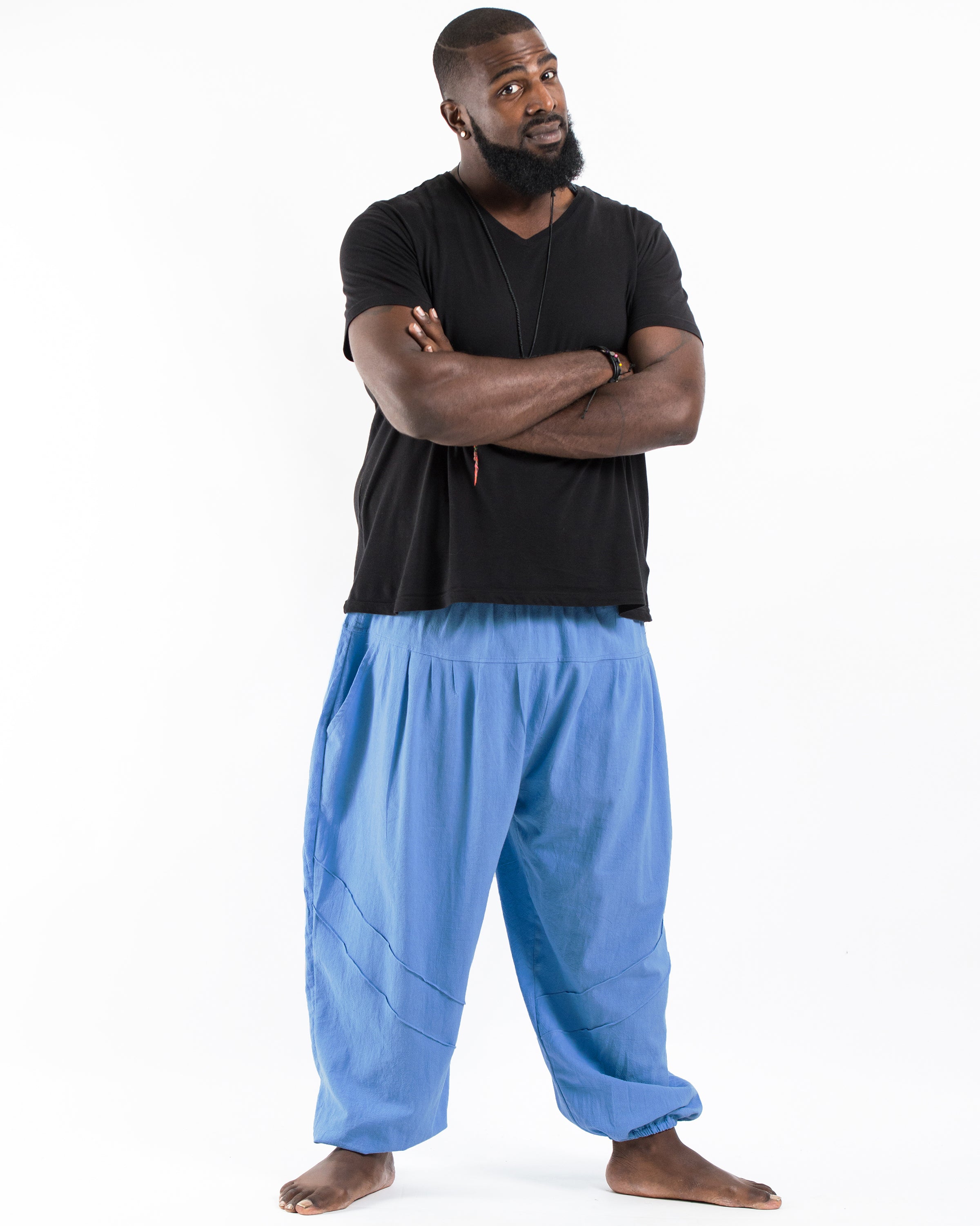 Plus Size Genie Men's Cotton Harem Pants in Light Blue