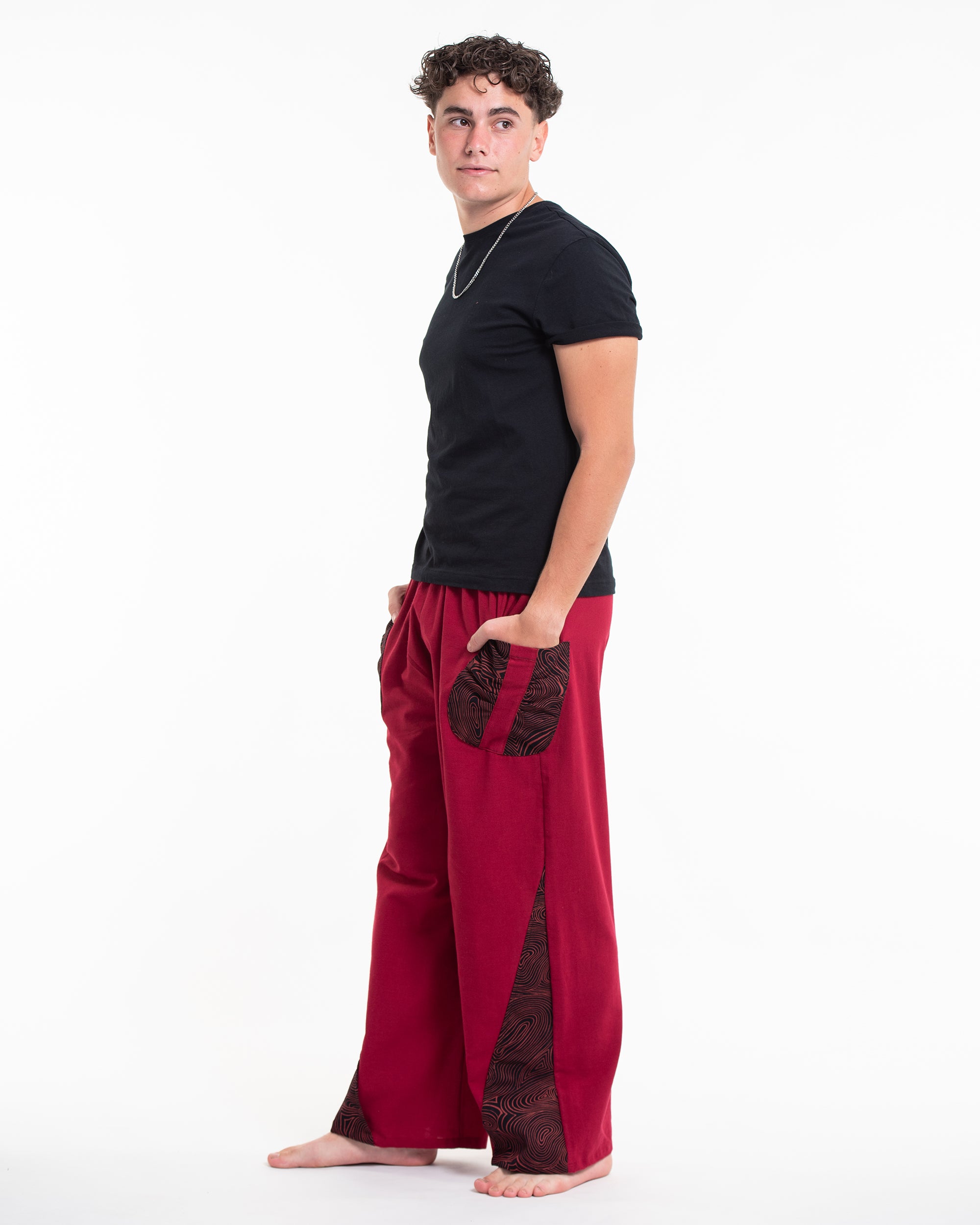 Thai Cotton Men's Pants With Hill Tribe Trim in Red