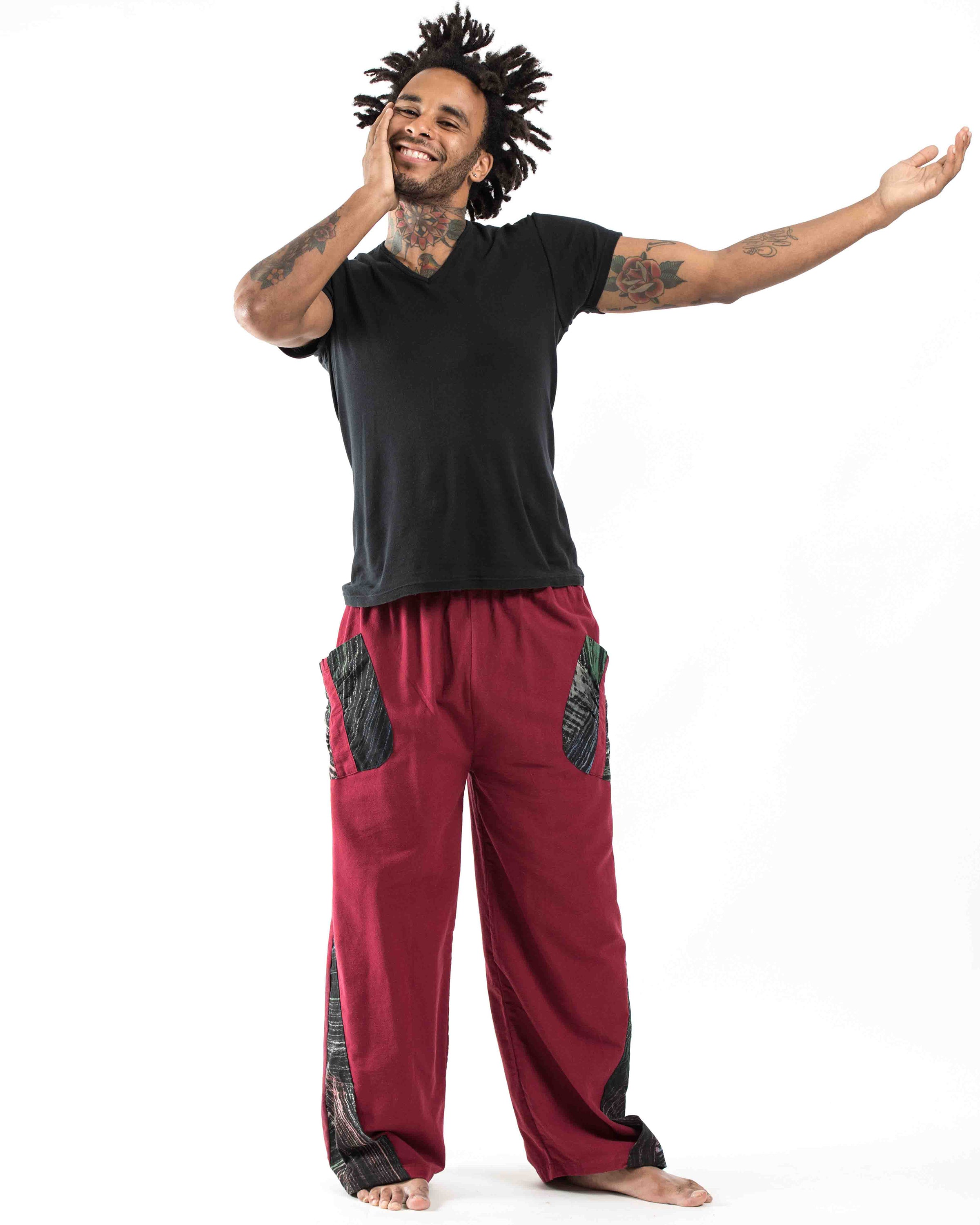 Thai Cotton Men's Pants With Hill Tribe Trim in Red