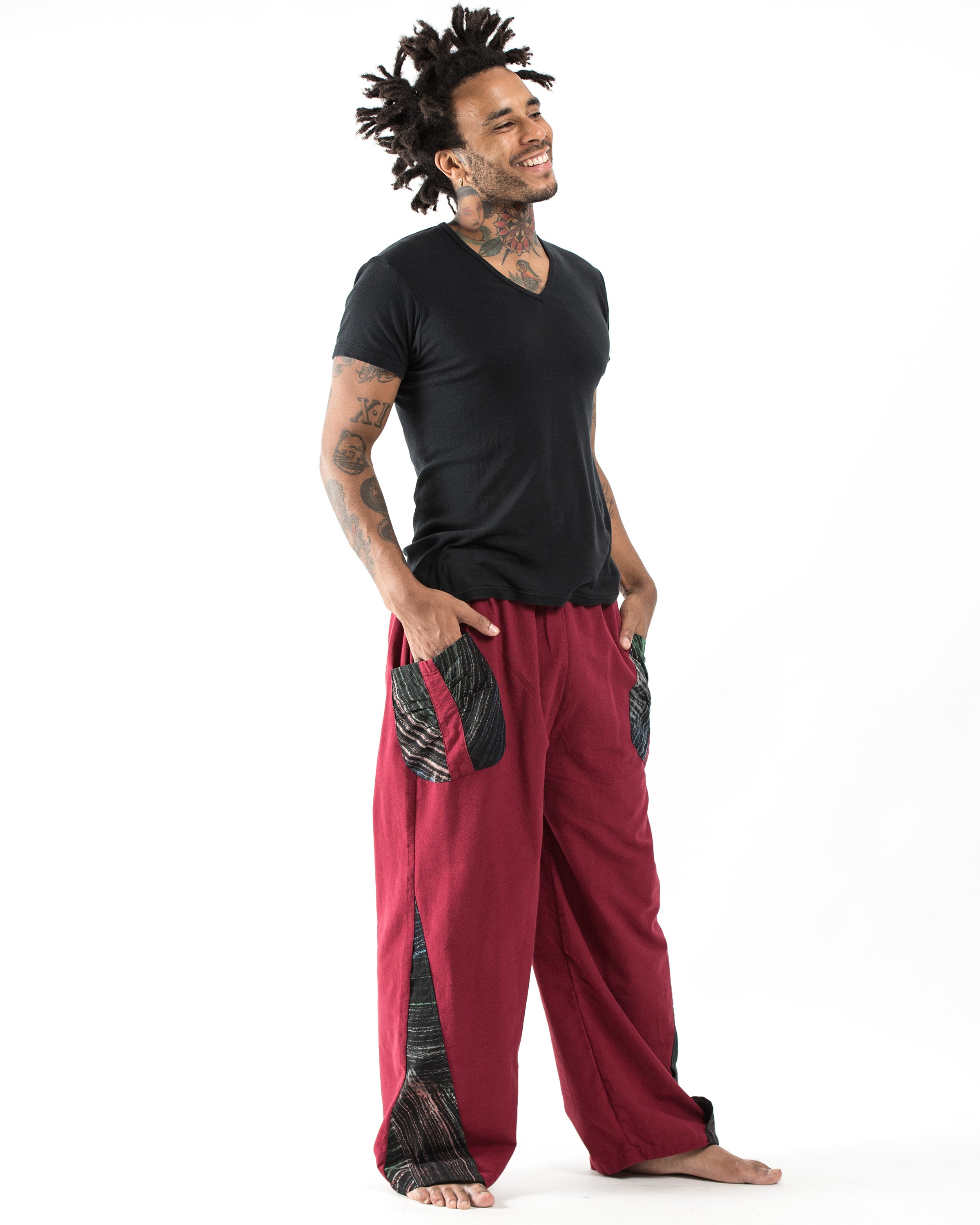 Thai Cotton Men's Pants With Hill Tribe Trim in Red